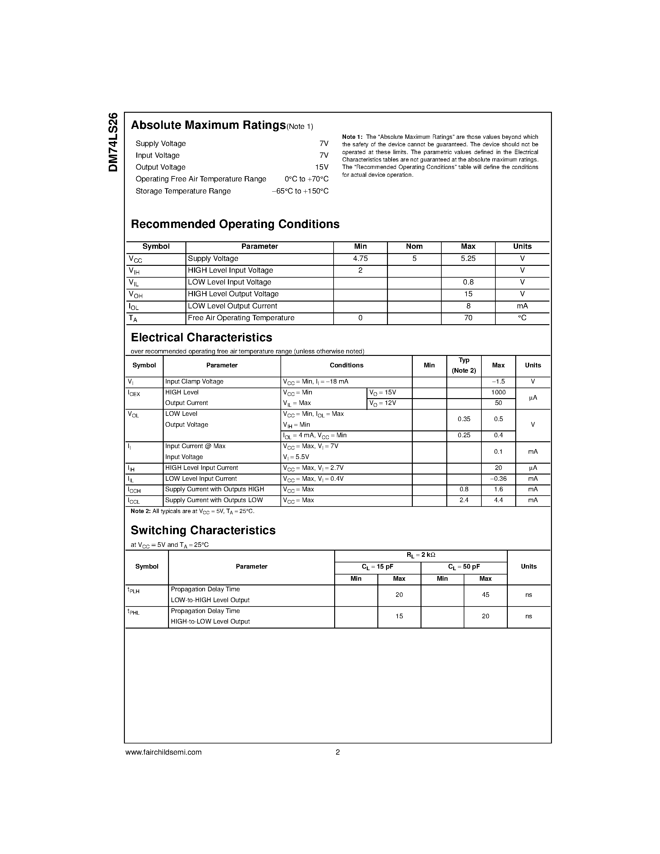 Datasheet DM74LS26 - Quad 2-Input NAND Gate with High Voltage Open-Collector Outputs page 2