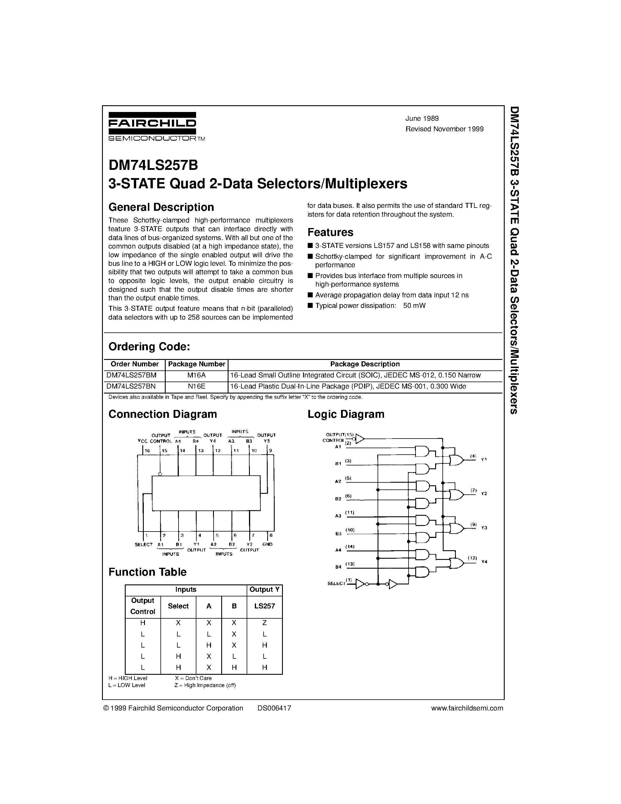 Datasheet DM74LS257B - 3-STATE Quad 2-Data Selectors/Multiplexers page 1