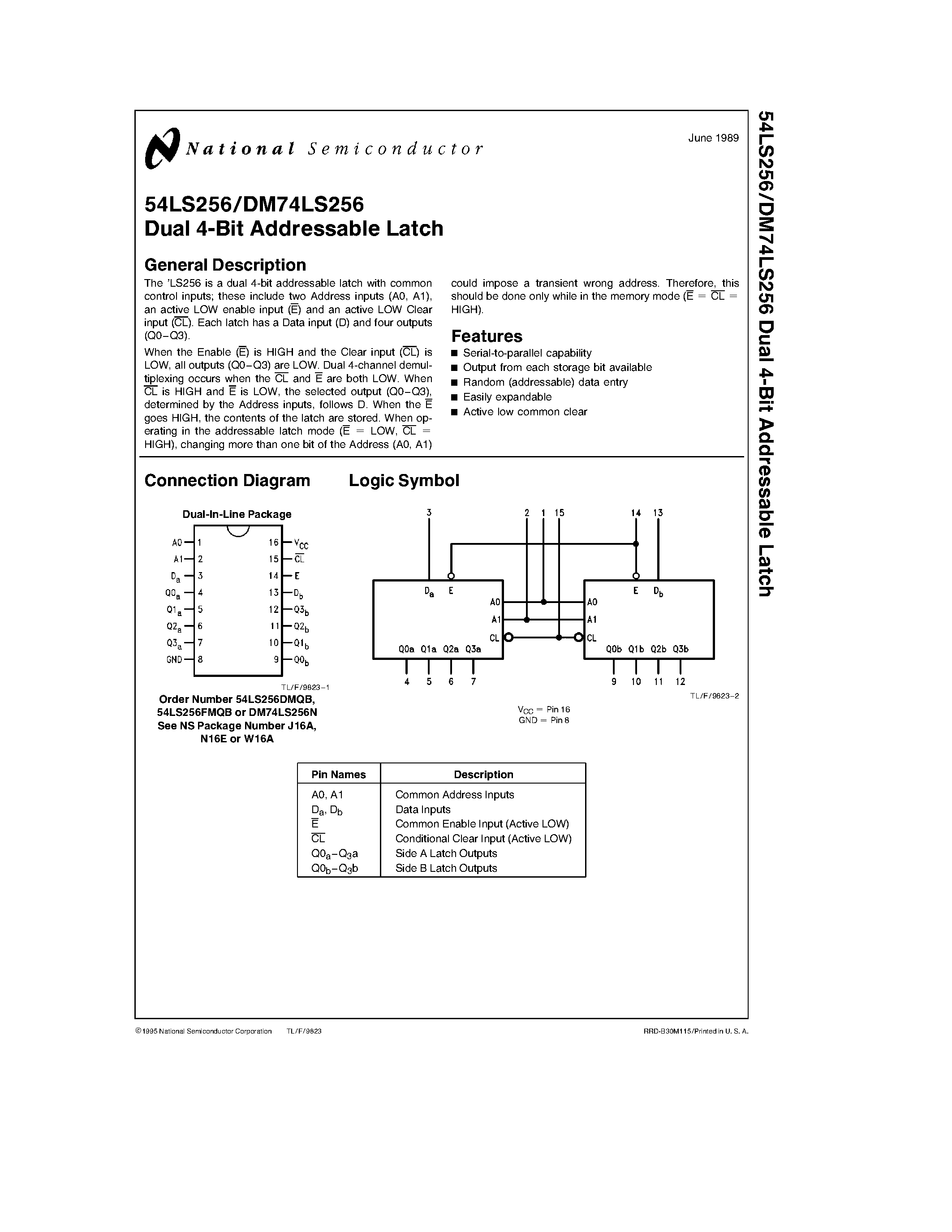 Datasheet DM74LS256 - Dual 4-Bit Addressable Latch page 1