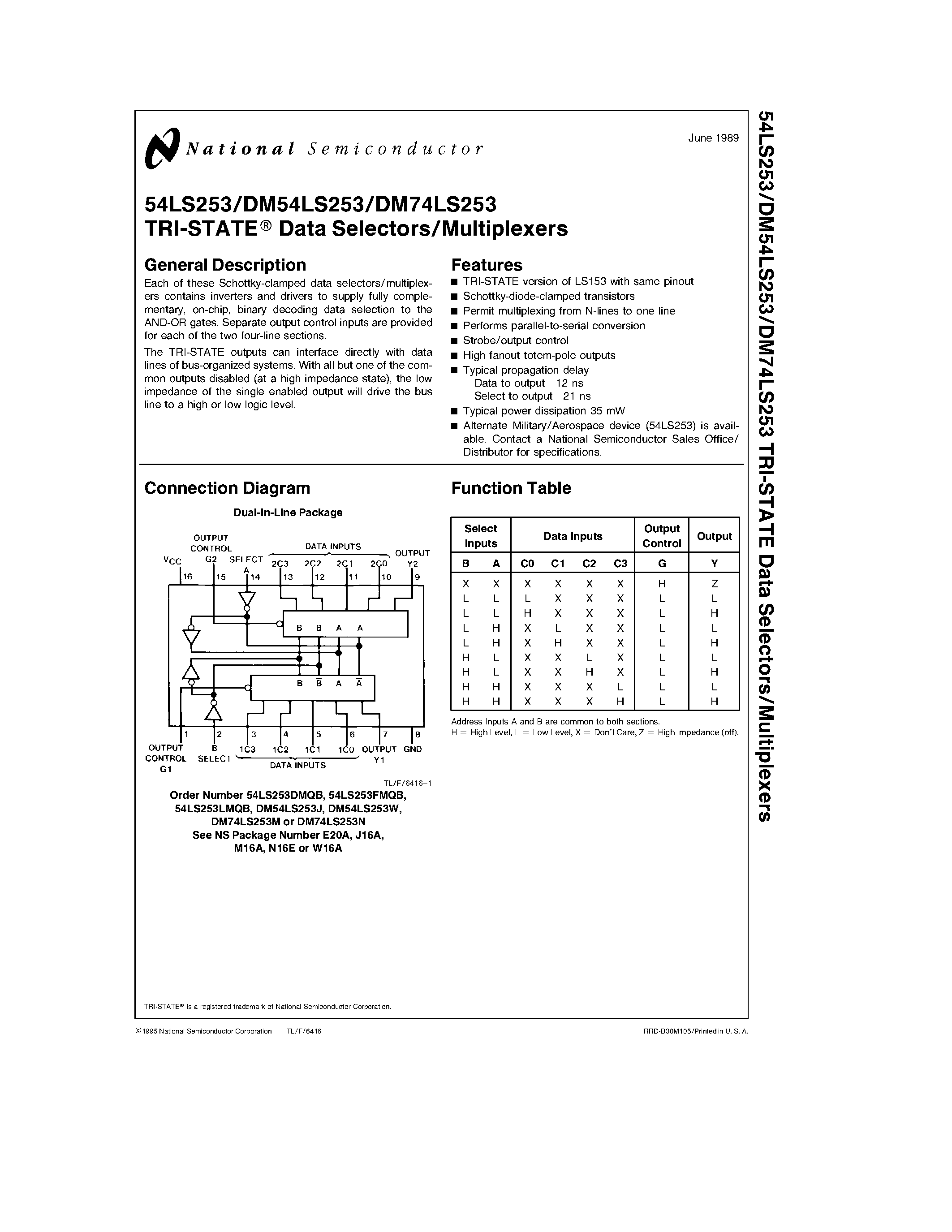 Datasheet DM74LS253 - TRI-STATE Data Selectors/Multiplexers page 1