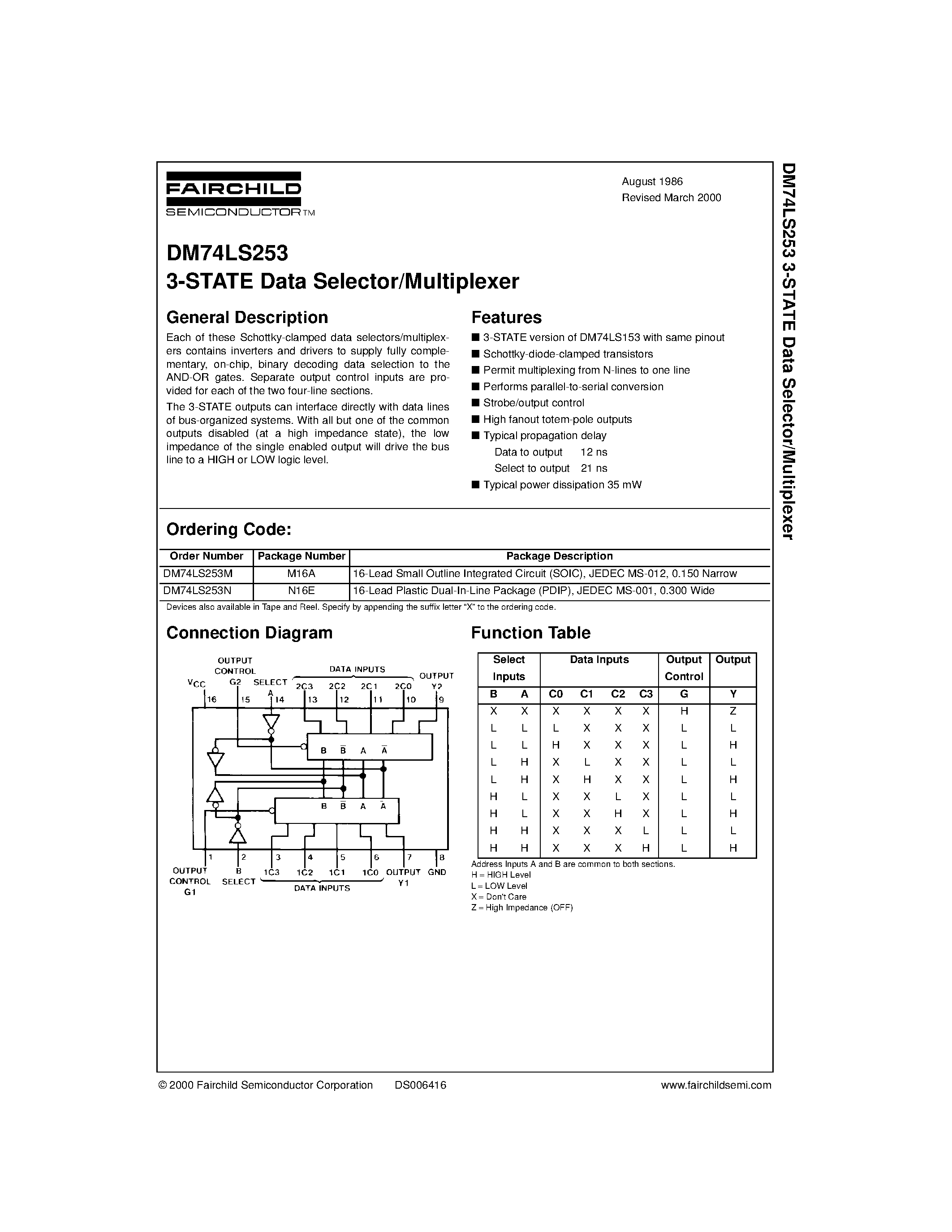 Datasheet DM74LS253 - 3-STATE Data Selector/Multiplexer page 1