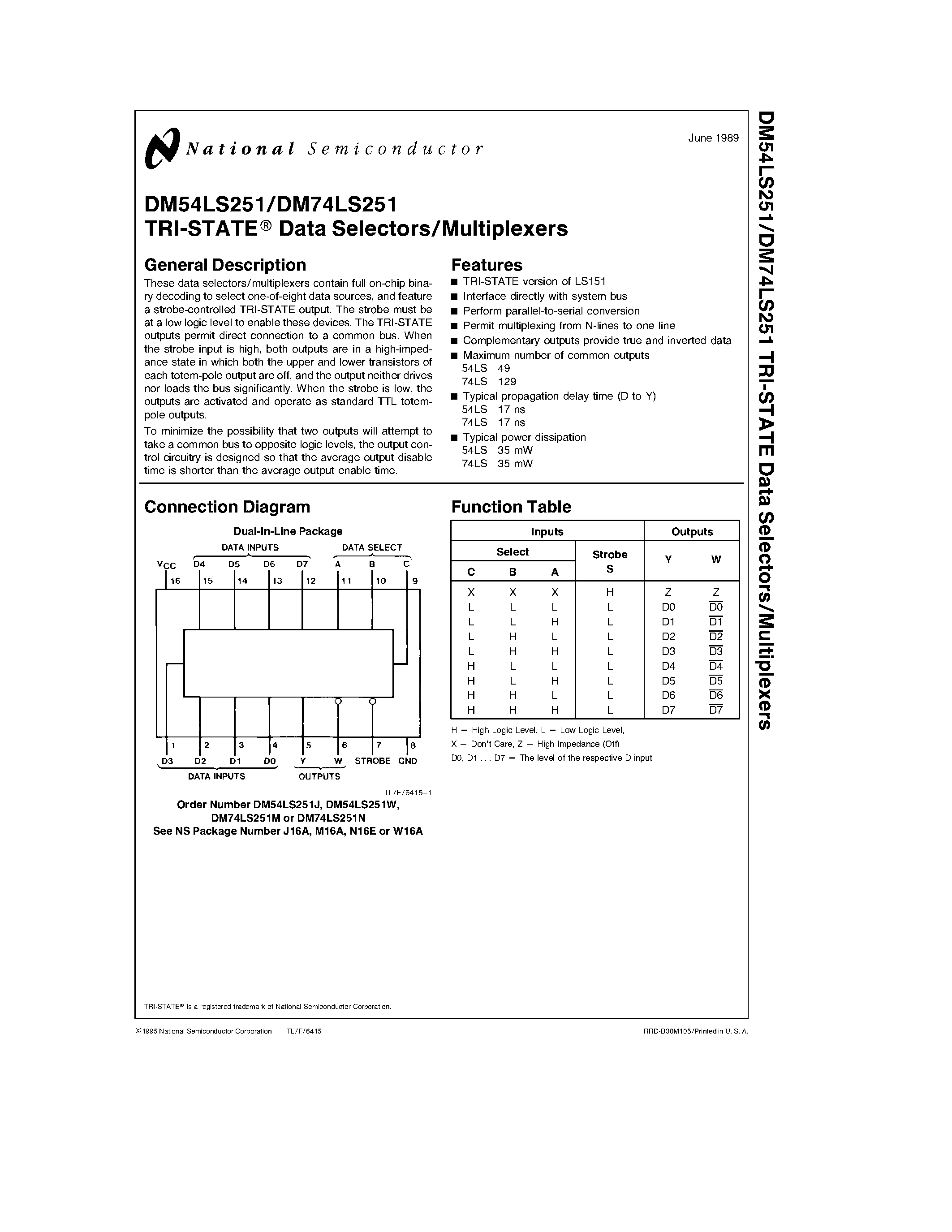 Datasheet DM74LS251 - TRI-STATE Data Selectors/Multiplexers page 1