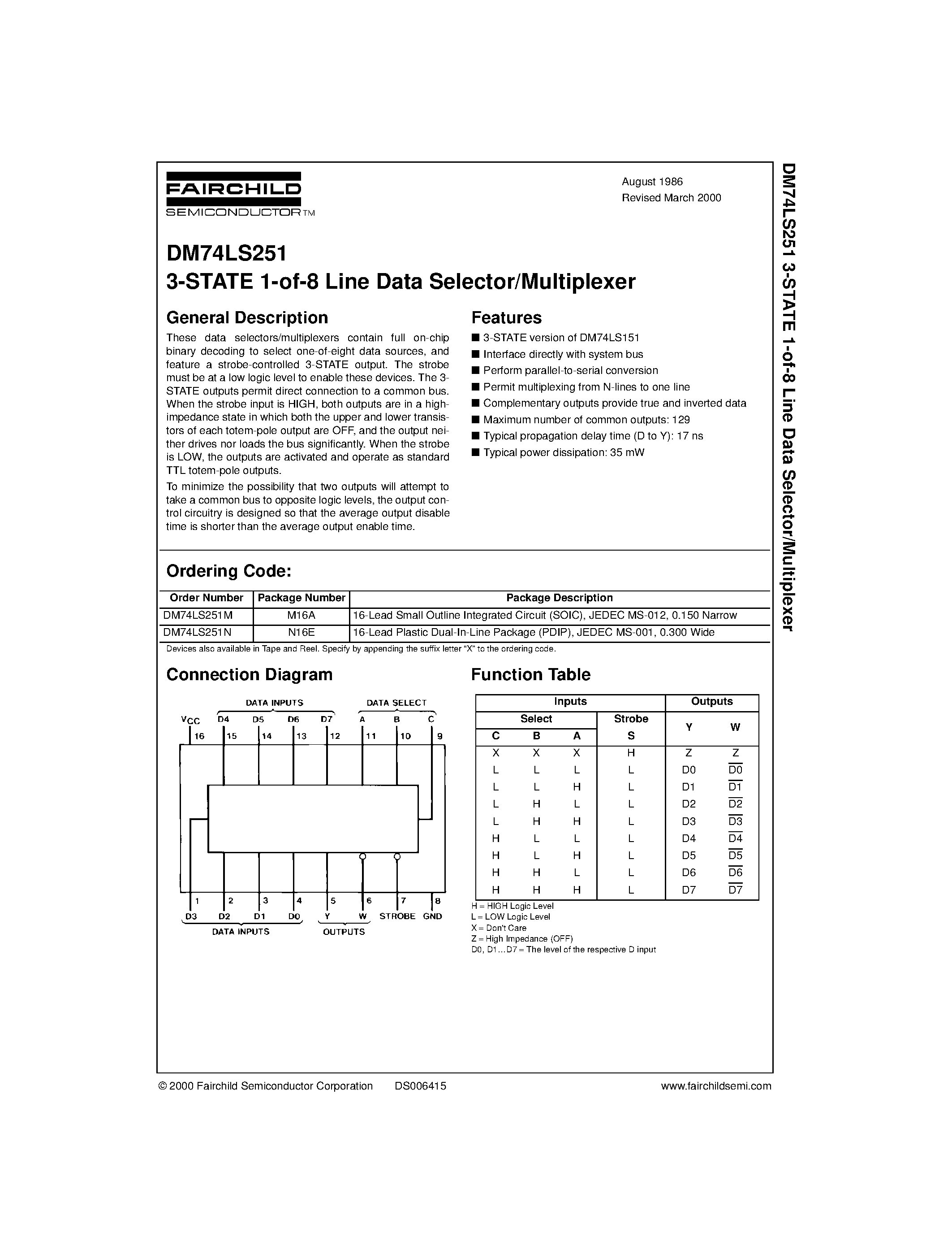 Datasheet DM74LS251 - 3-STATE 1-of-8 Line Data Selector/Multiplexer page 1