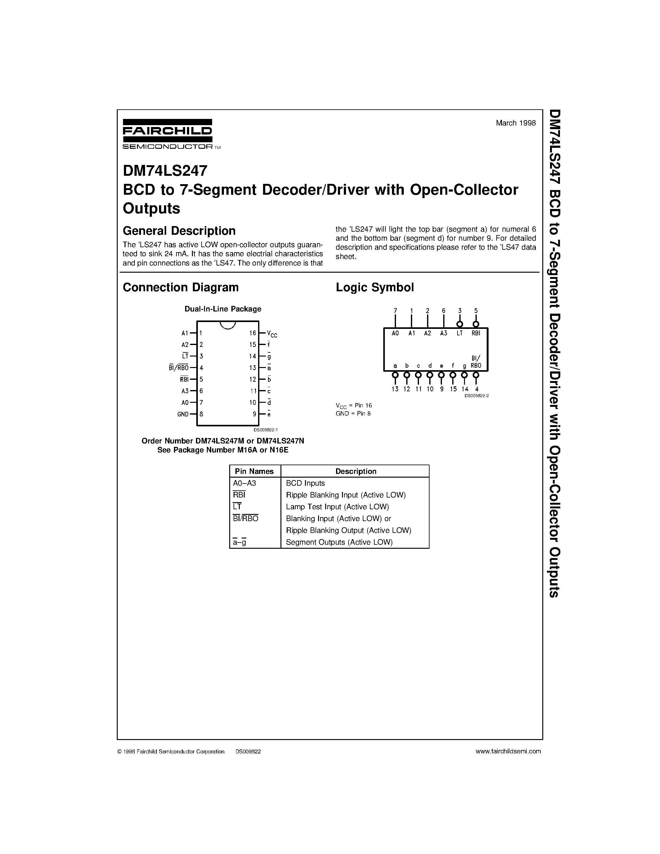 Datasheet DM74LS247 - BCD to 7-Segment Decoder/Driver with Open-Collector Outputs page 1