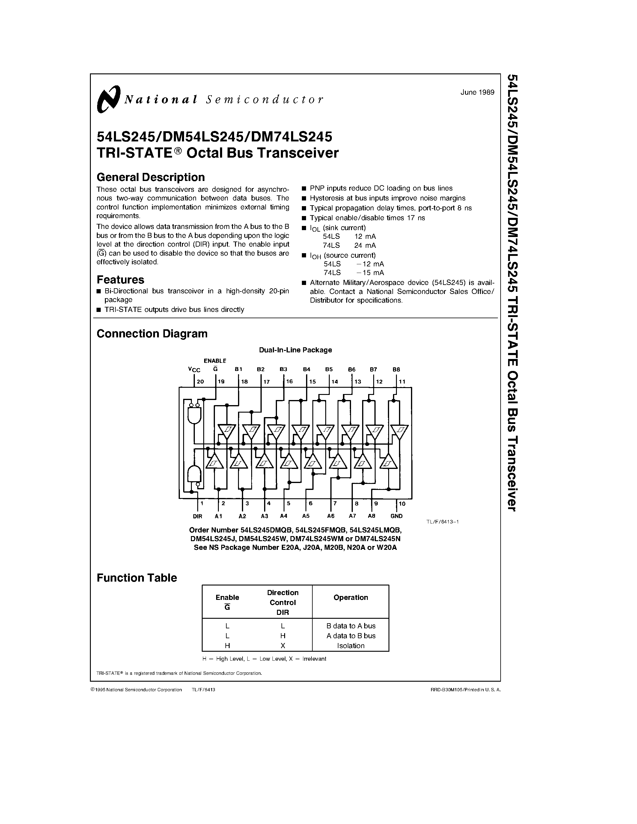 Datasheet DM74LS245 - TRI-STATE Octal Bus Transceiver page 1