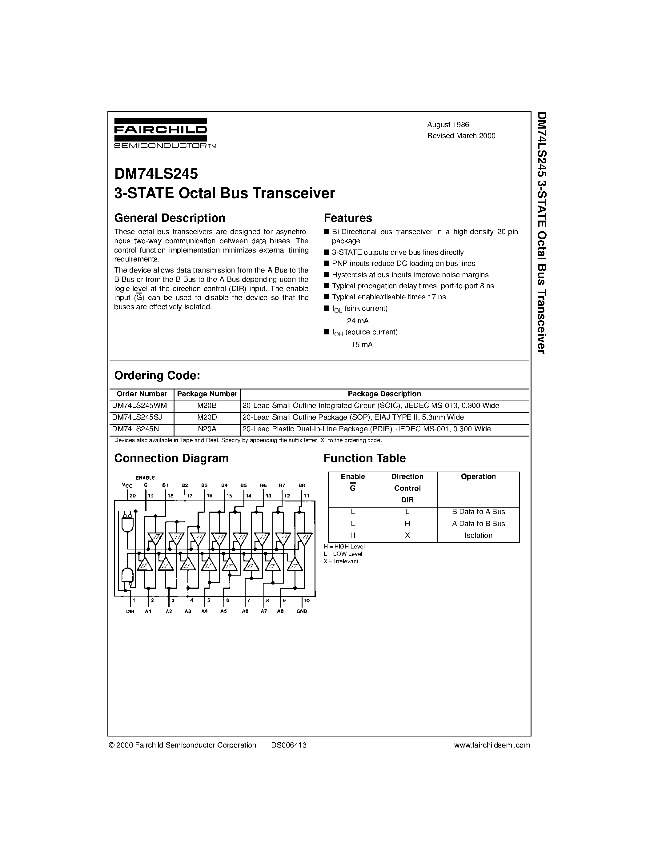 Datasheet DM74LS245 - 3-STATE Octal Bus Transceiver page 1