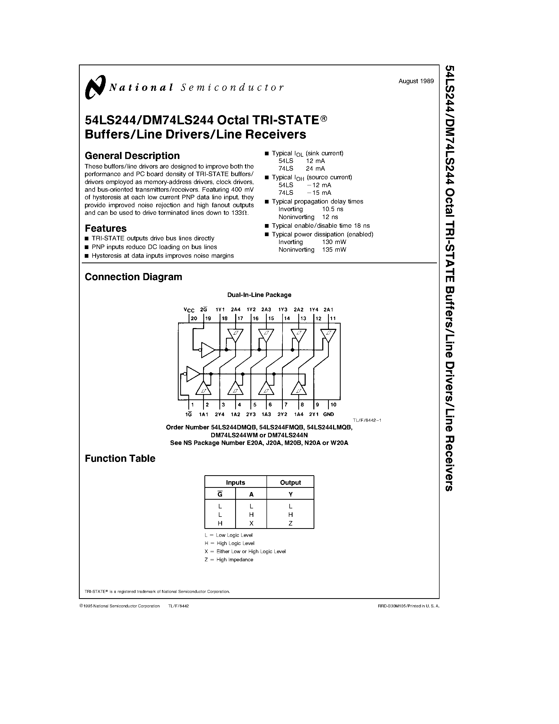 Datasheet DM74LS244 - Octal TRI-STATEE Buffers/Line Drivers/Line Receivers page 1