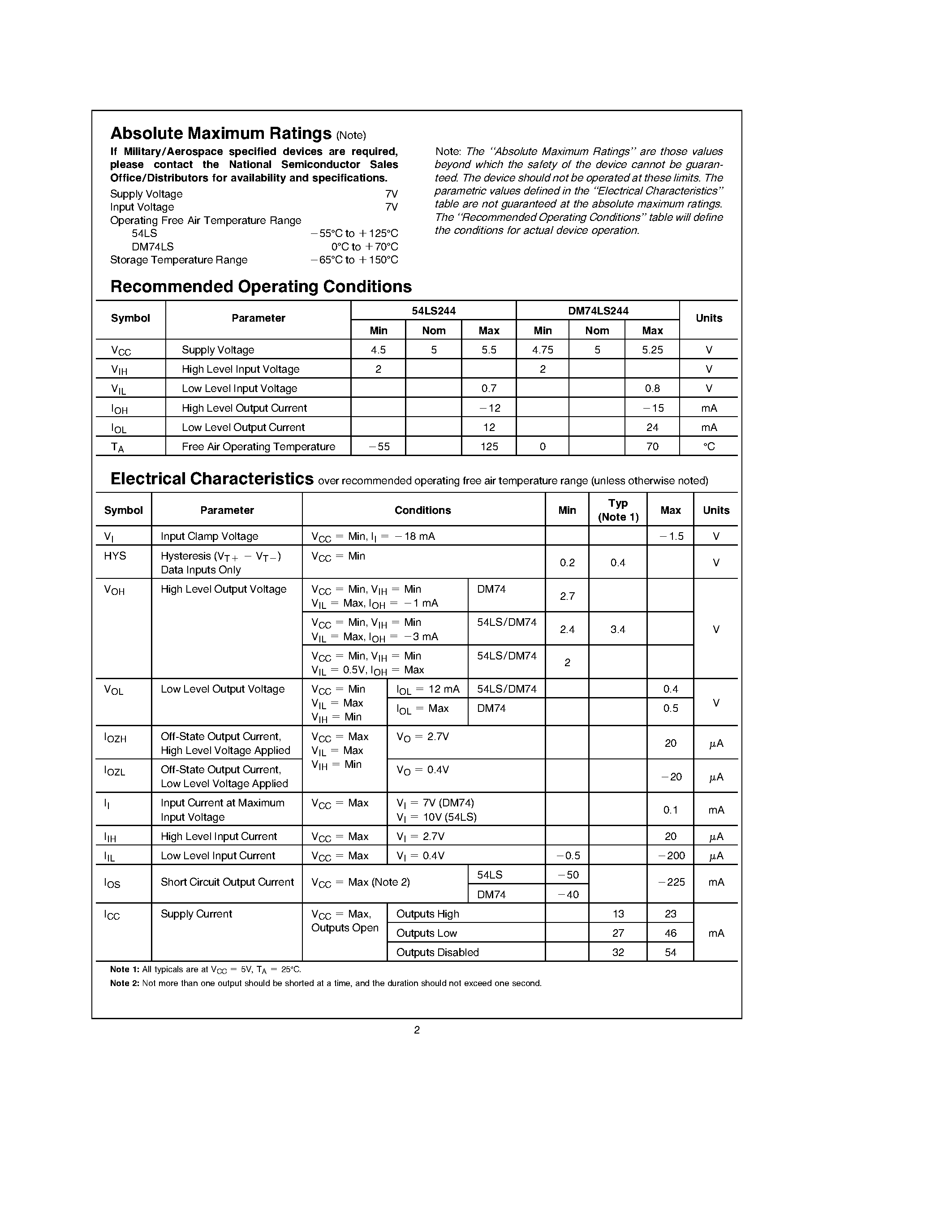 Datasheet DM74LS244 - Octal TRI-STATEE Buffers/Line Drivers/Line Receivers page 2