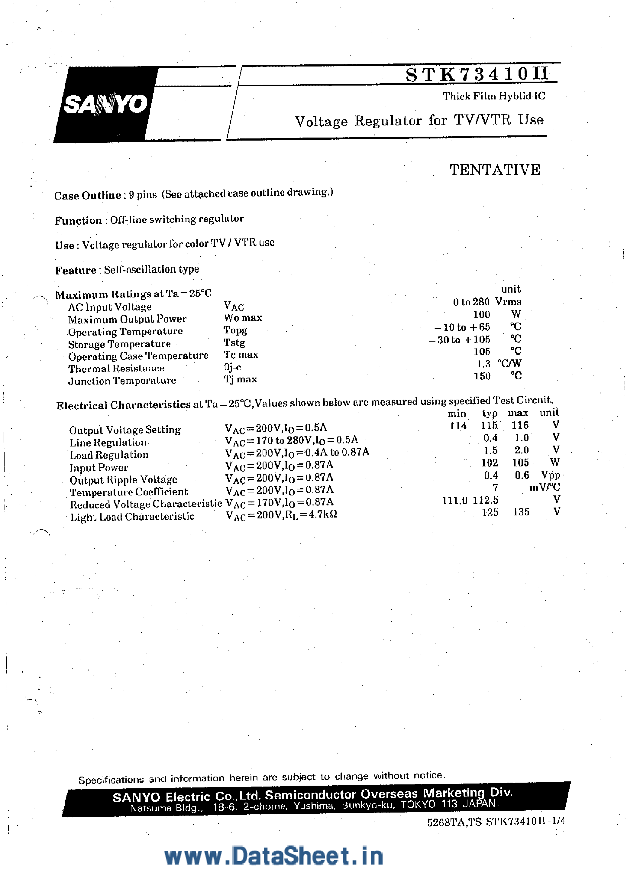 Datasheet STK-73410II - Voltage Regulator for TV/VTR Use page 1