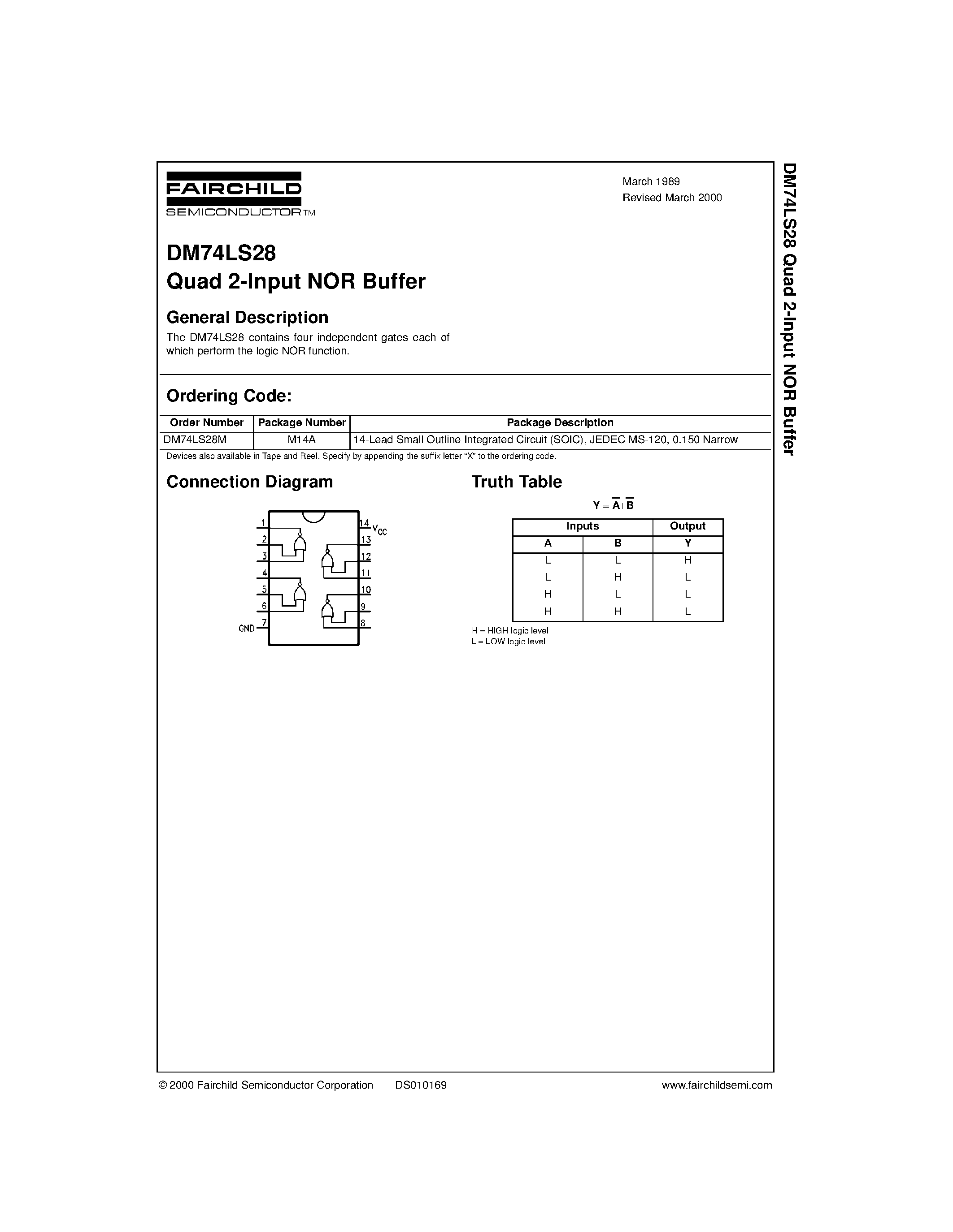 Datasheet DM74LS28 - Quad 2-Input NOR Buffer page 1