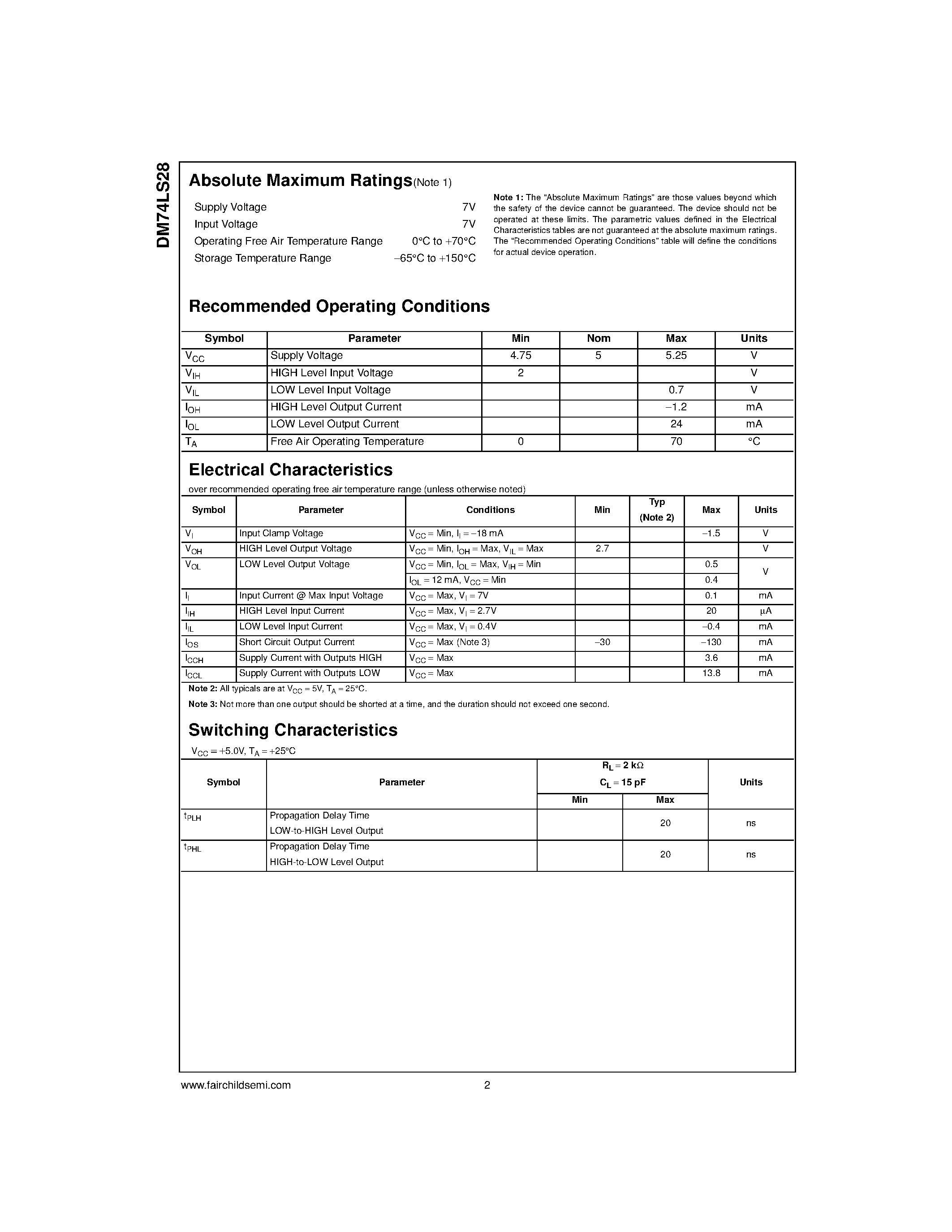 Datasheet DM74LS28 - Quad 2-Input NOR Buffer page 2