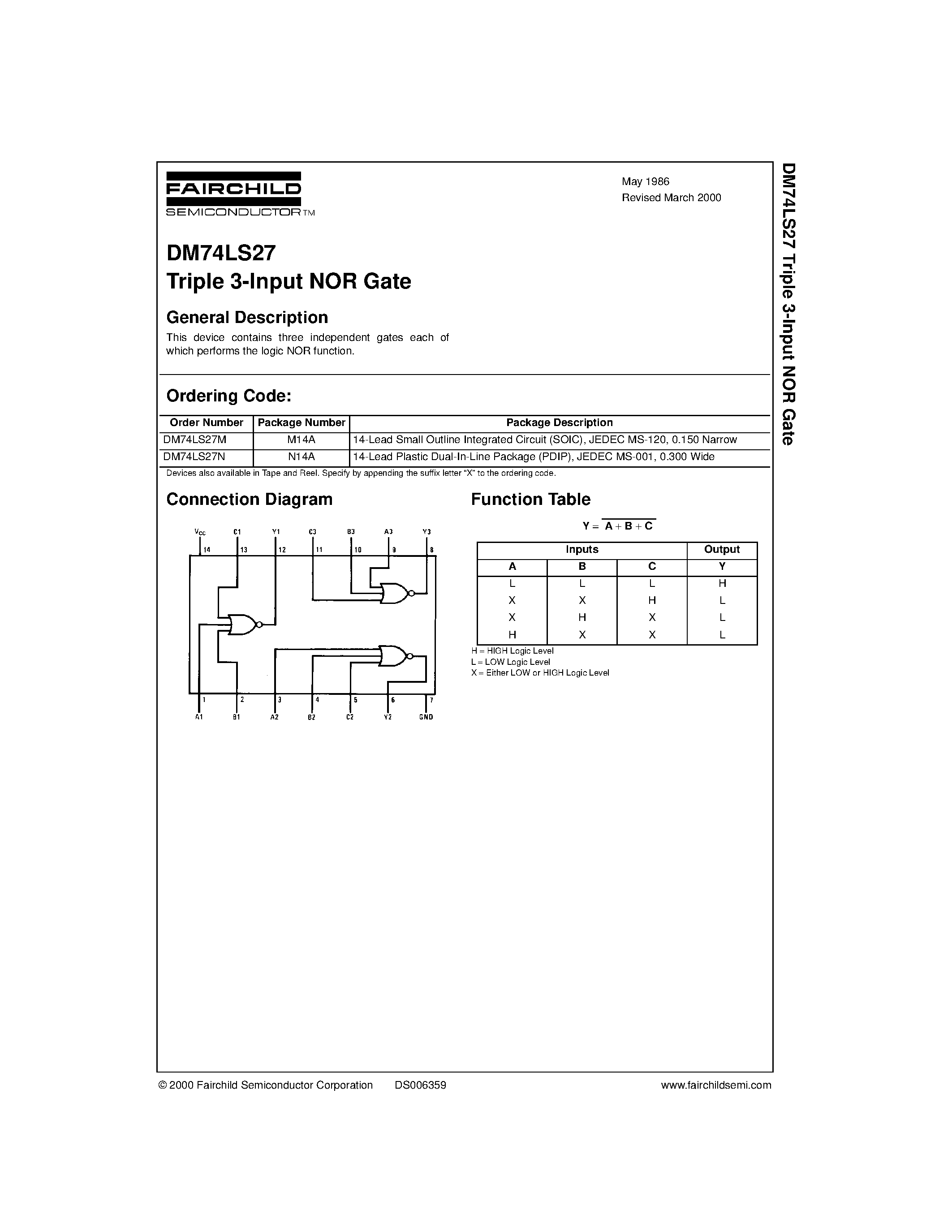 Datasheet DM74LS27 - Triple 3-Input NOR Gate page 1