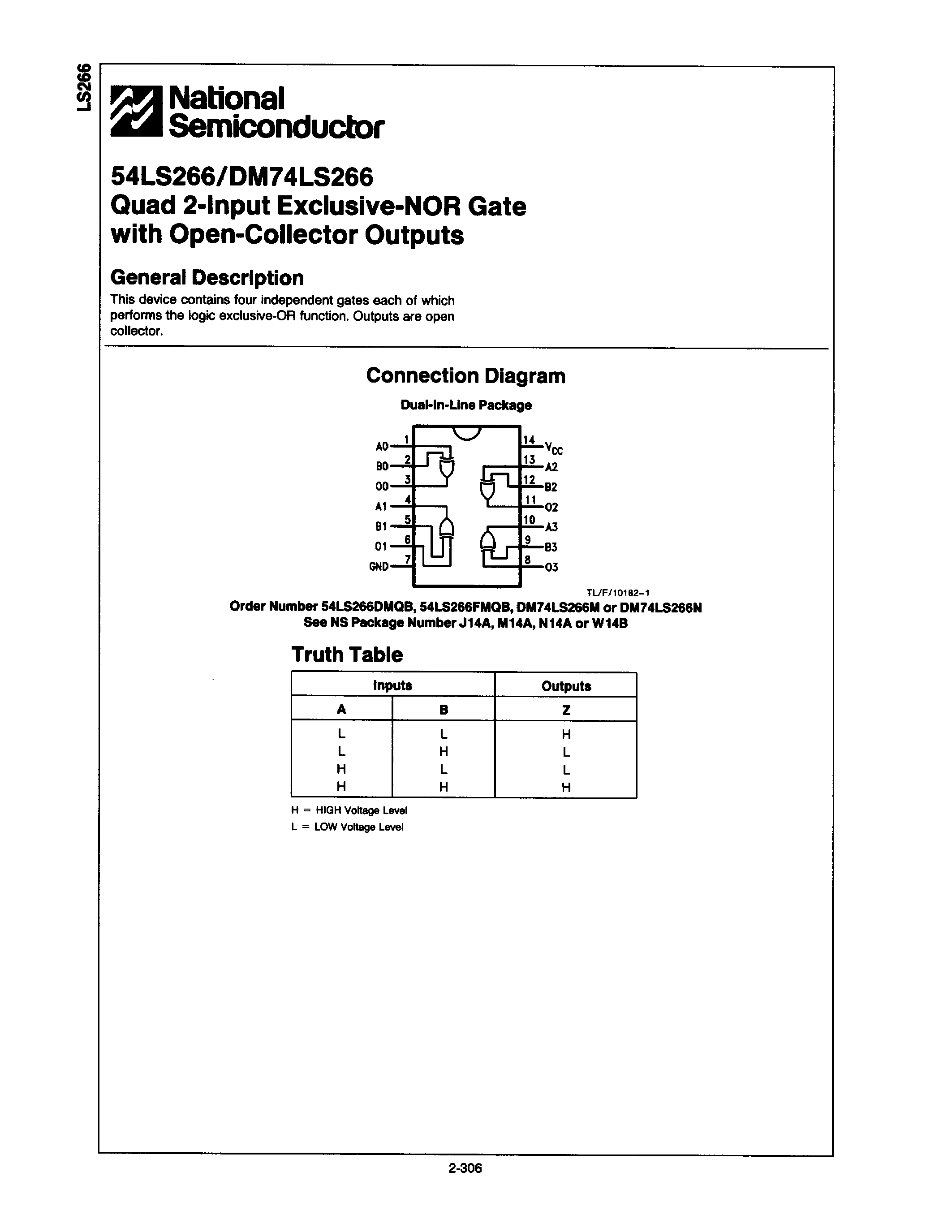 Datasheet DM74LS266 - QUAD 2-INPUT EXCLUSIVE-NOR GATE WITH OPEN-COLLECTOR OUTPUTS page 1