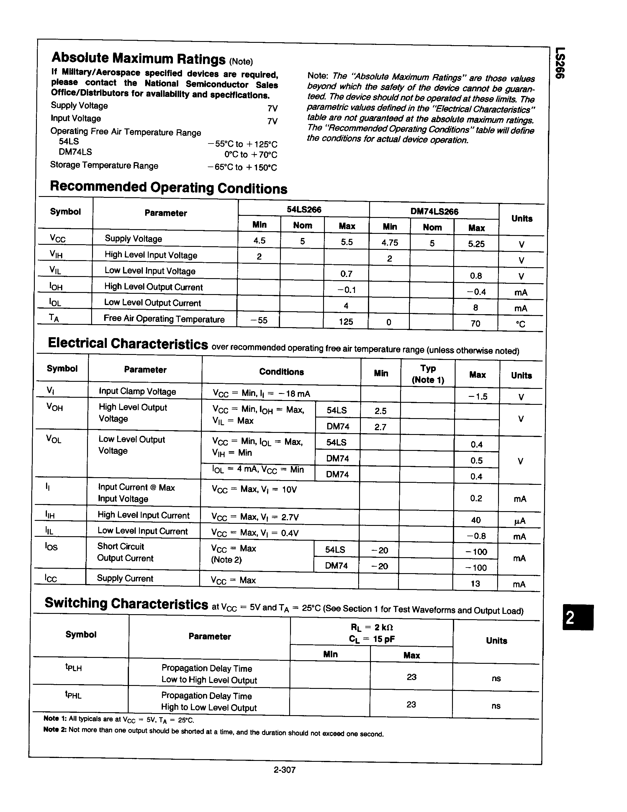 Datasheet DM74LS266 - QUAD 2-INPUT EXCLUSIVE-NOR GATE WITH OPEN-COLLECTOR OUTPUTS page 2