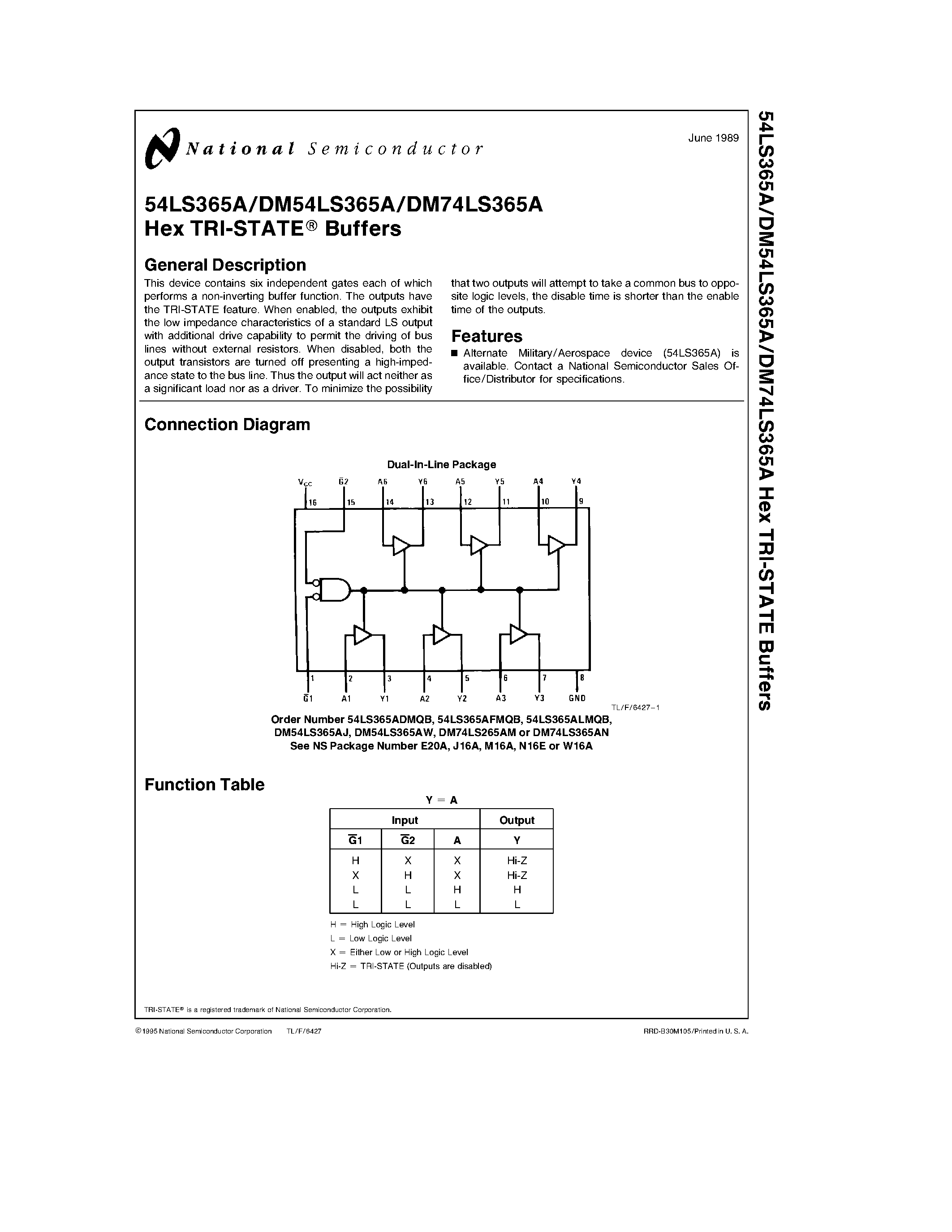 Datasheet DM74LS265A - Hex TRI-STATE Buffers page 1