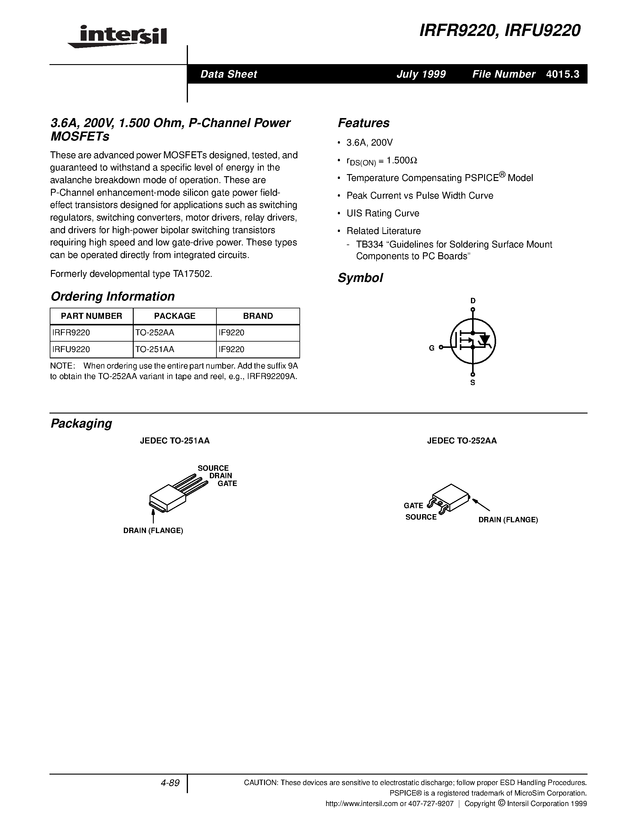 Даташит IRFR9220 - P Channel Power MOSFET страница 1