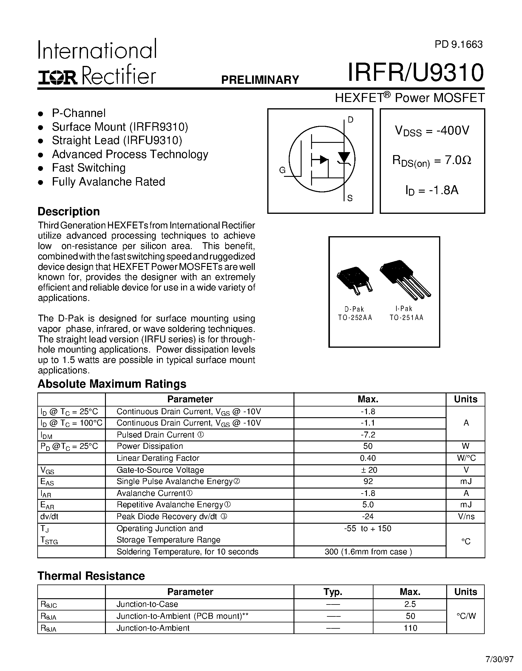 Даташит IRFR9310 - Power MOSFET страница 1