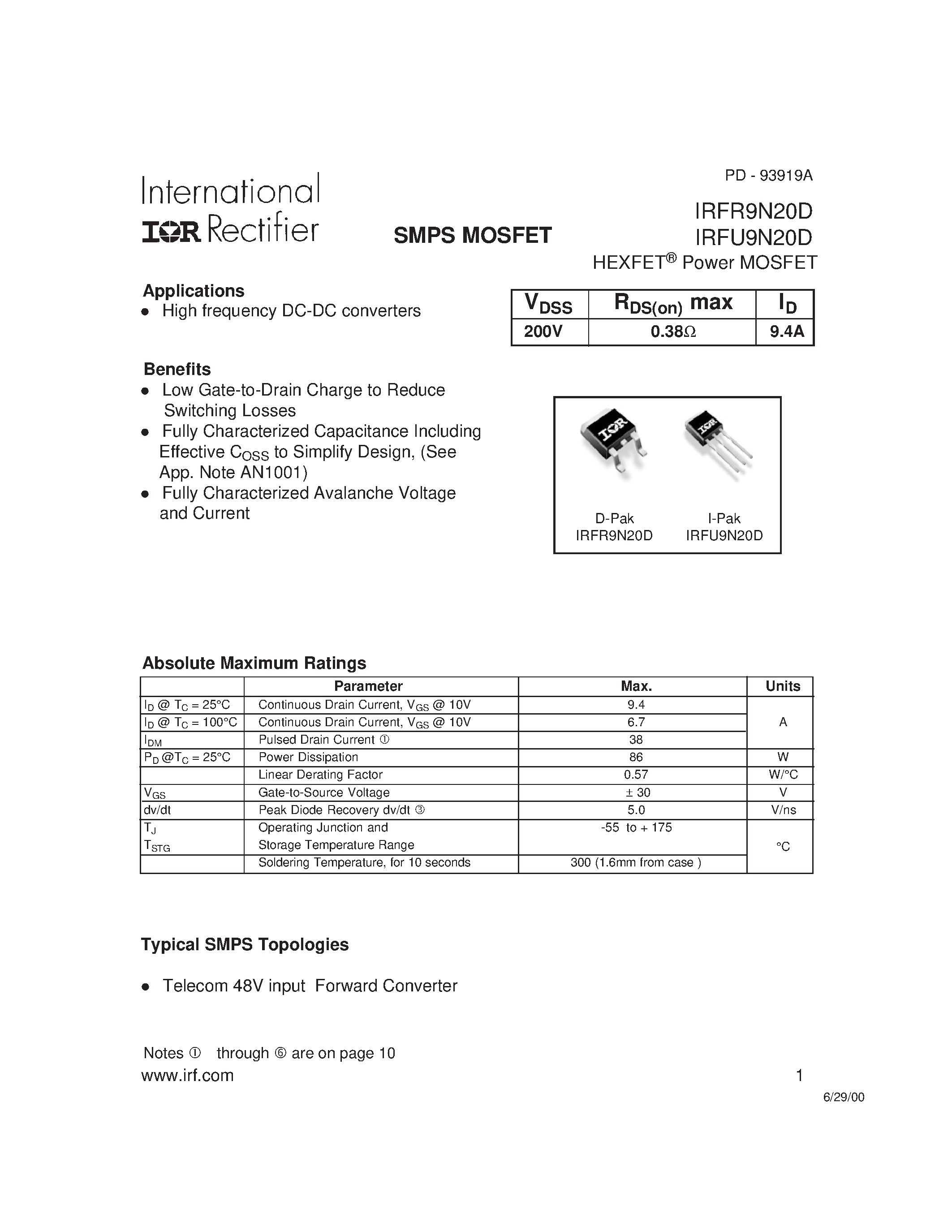 Даташит IRFR9N20D - Power MOSFET страница 1