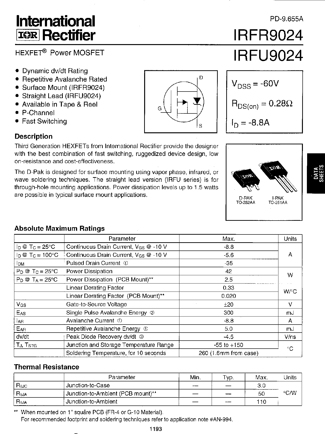 Даташит IRFU9024 - Power MOSFET страница 1