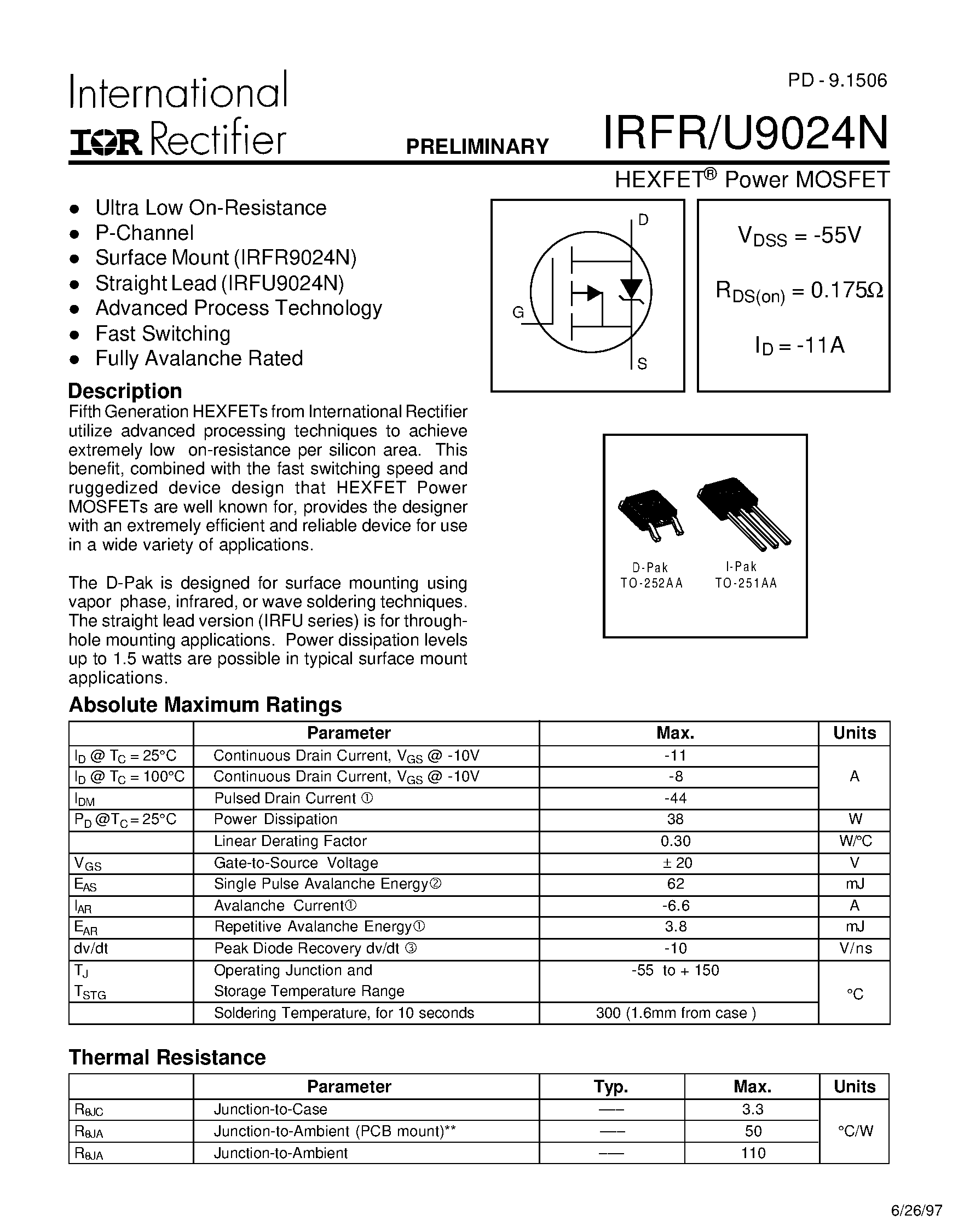 Даташит IRFR9024N - Power MOSFET страница 1