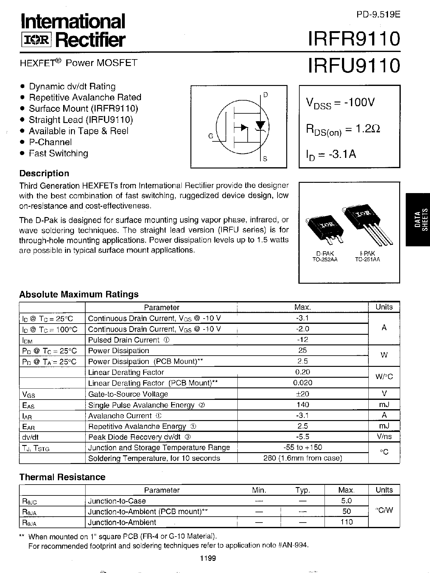 Даташит IRFR9110 - Power MOSFET страница 1