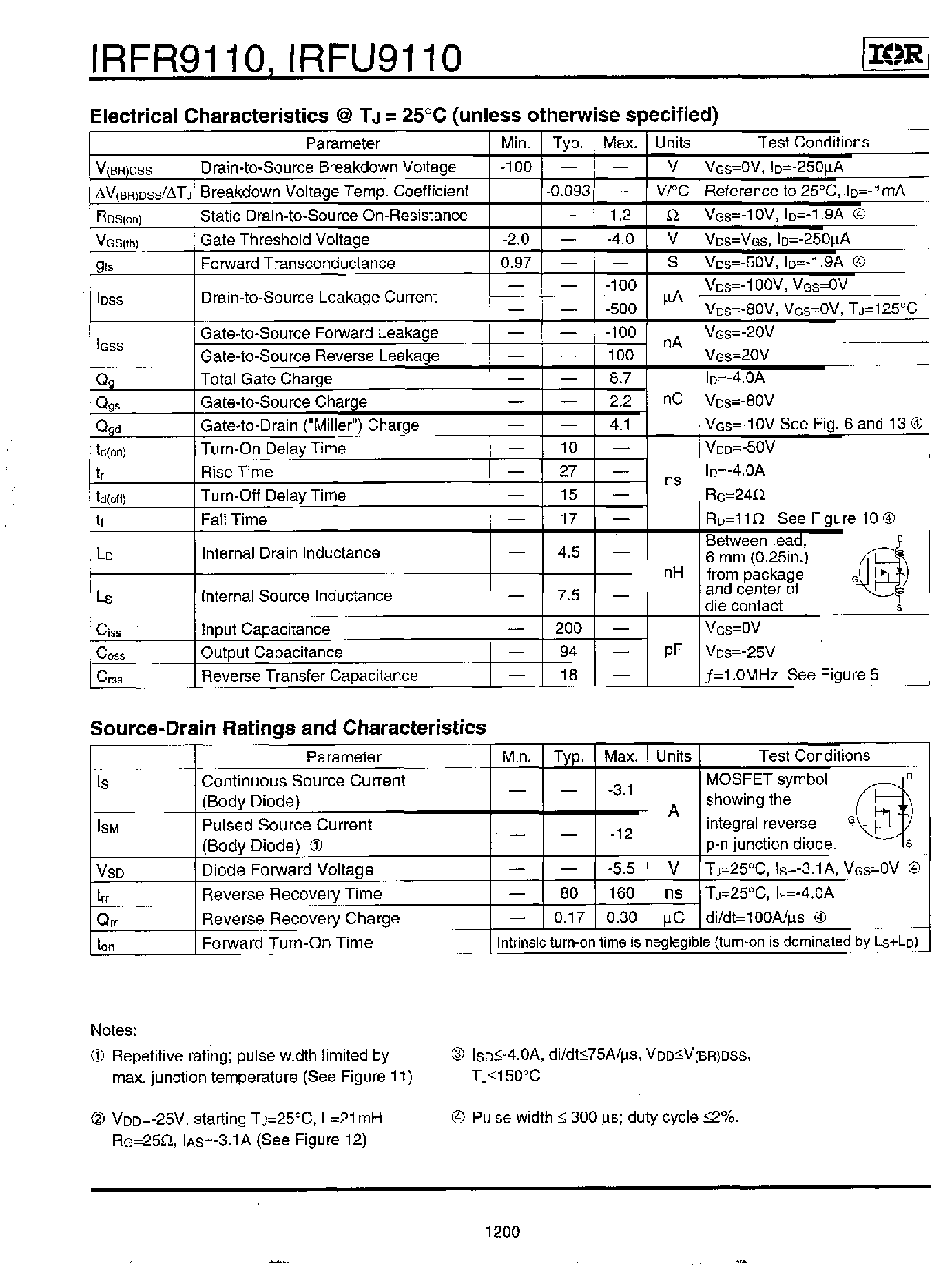 Даташит IRFR9110 - Power MOSFET страница 2
