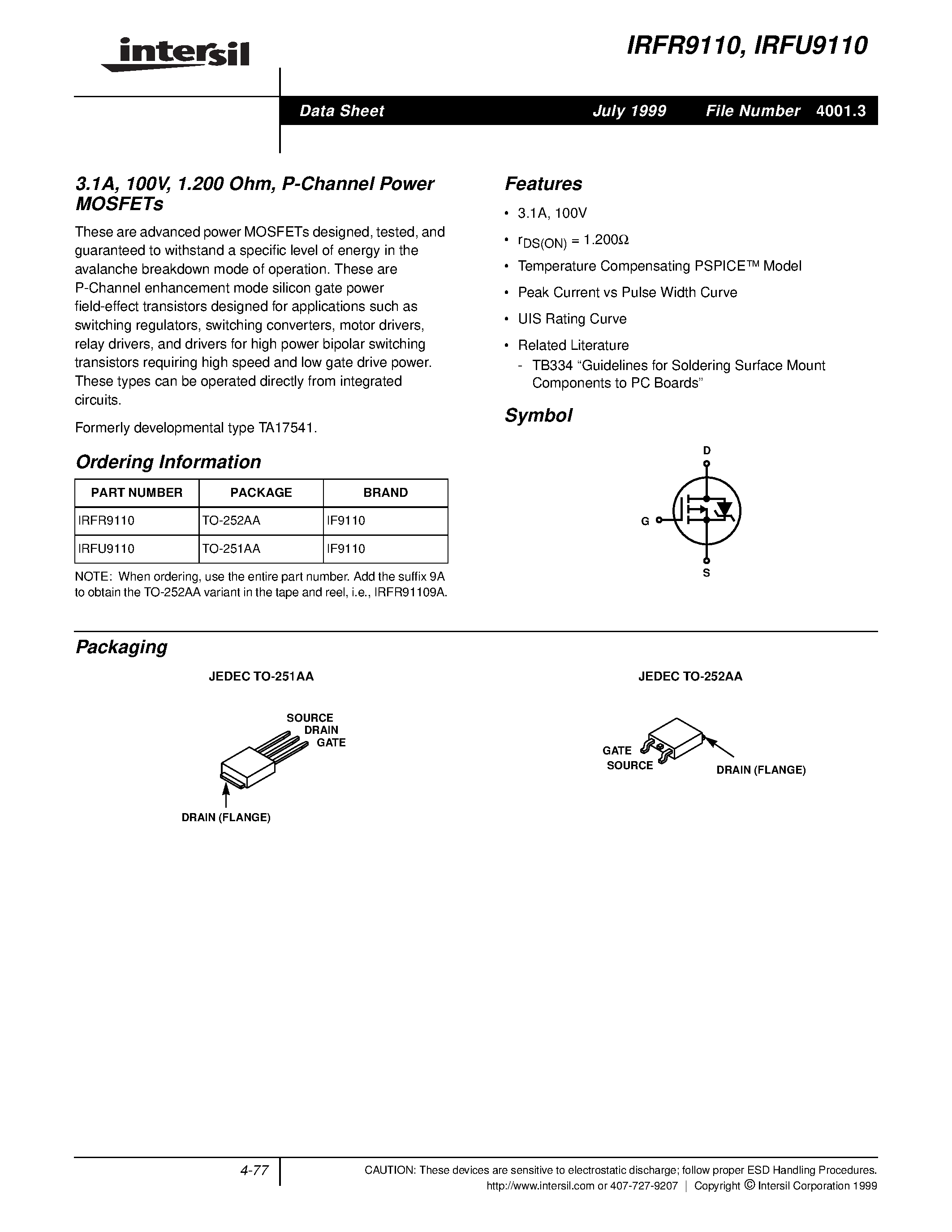 Даташит IRFR9110 - P Channel Power MOSFET страница 1