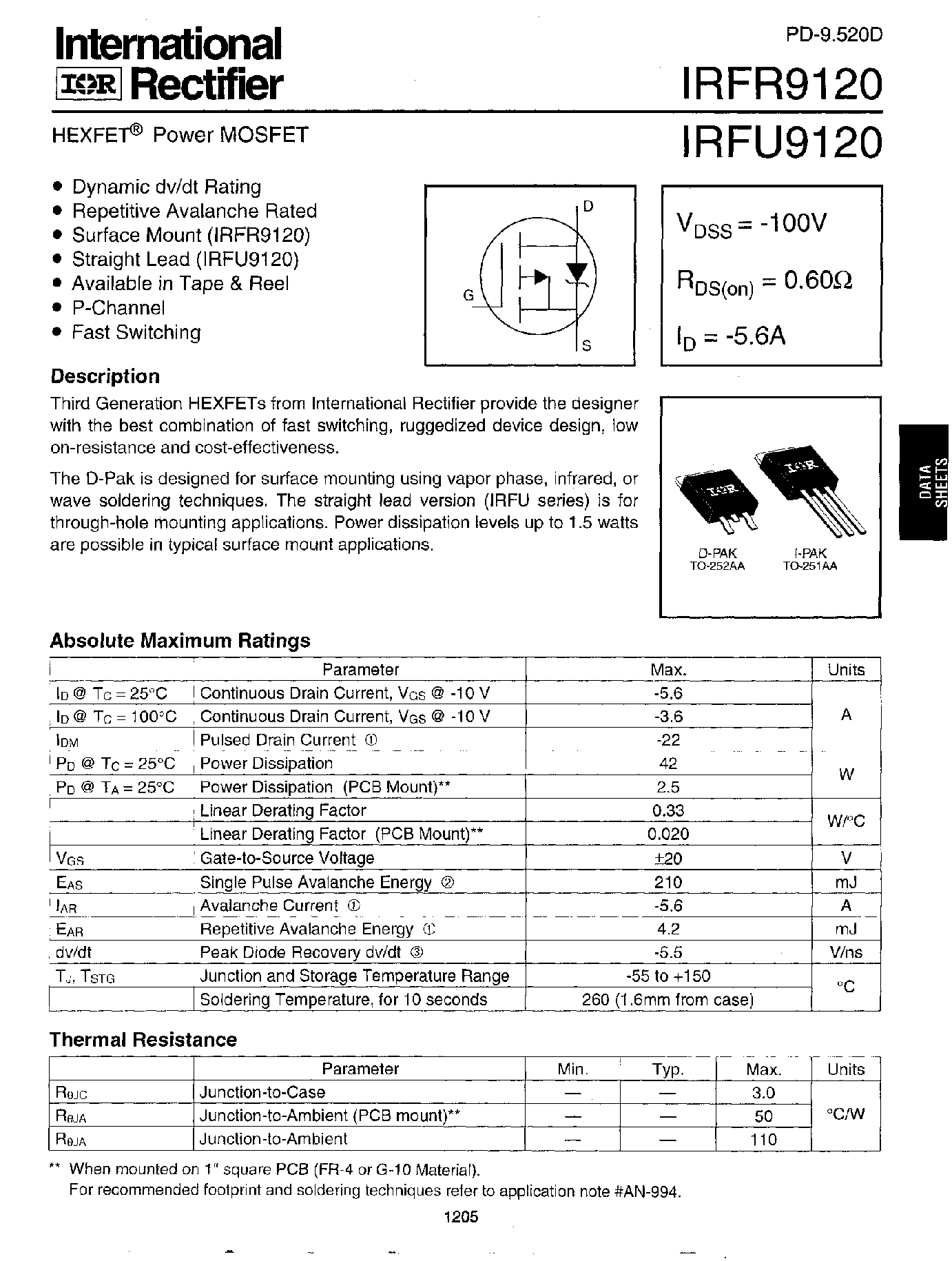 Даташит IRFR9120 - Power MOSFET страница 1