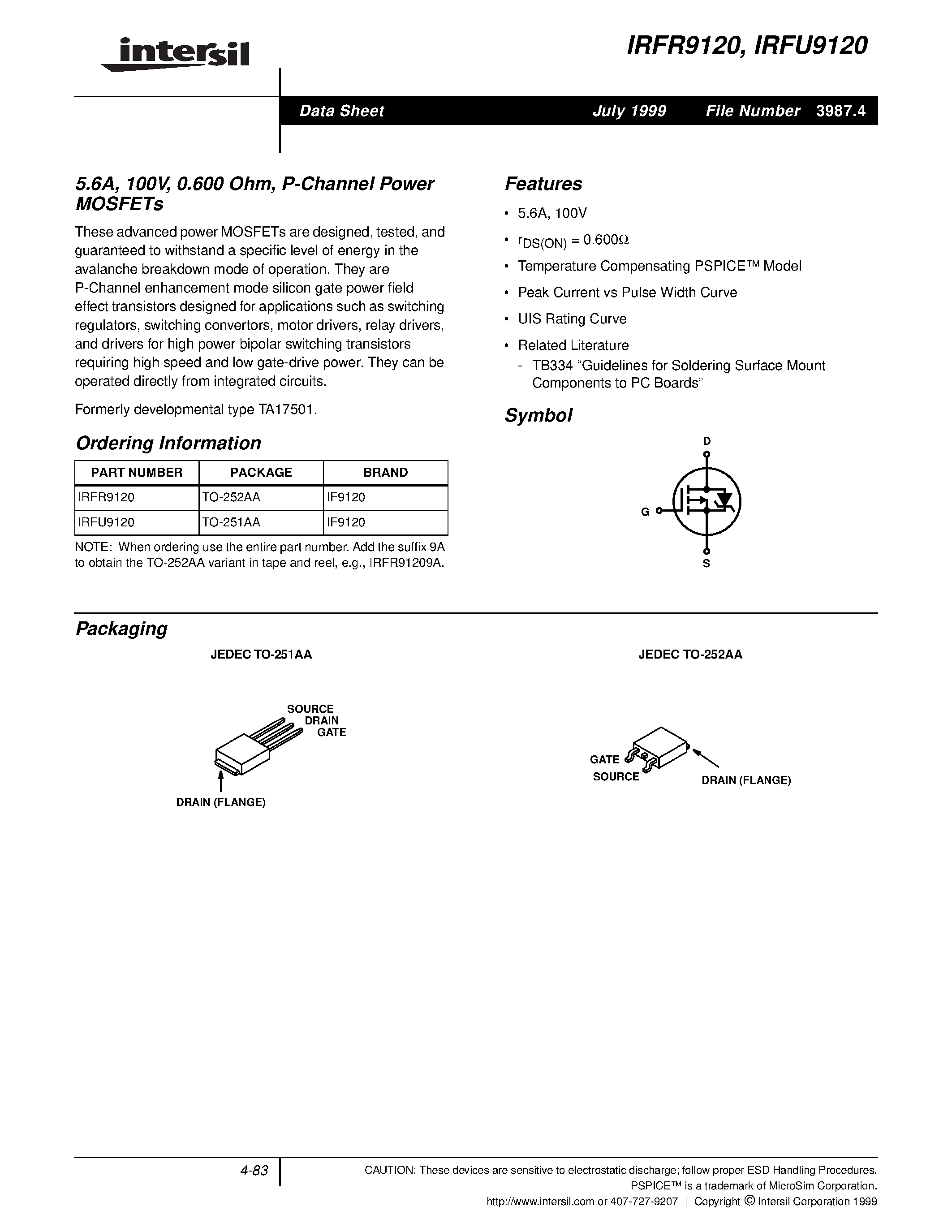 Даташит IRFR9120 - P Channel Power MOSFET страница 1