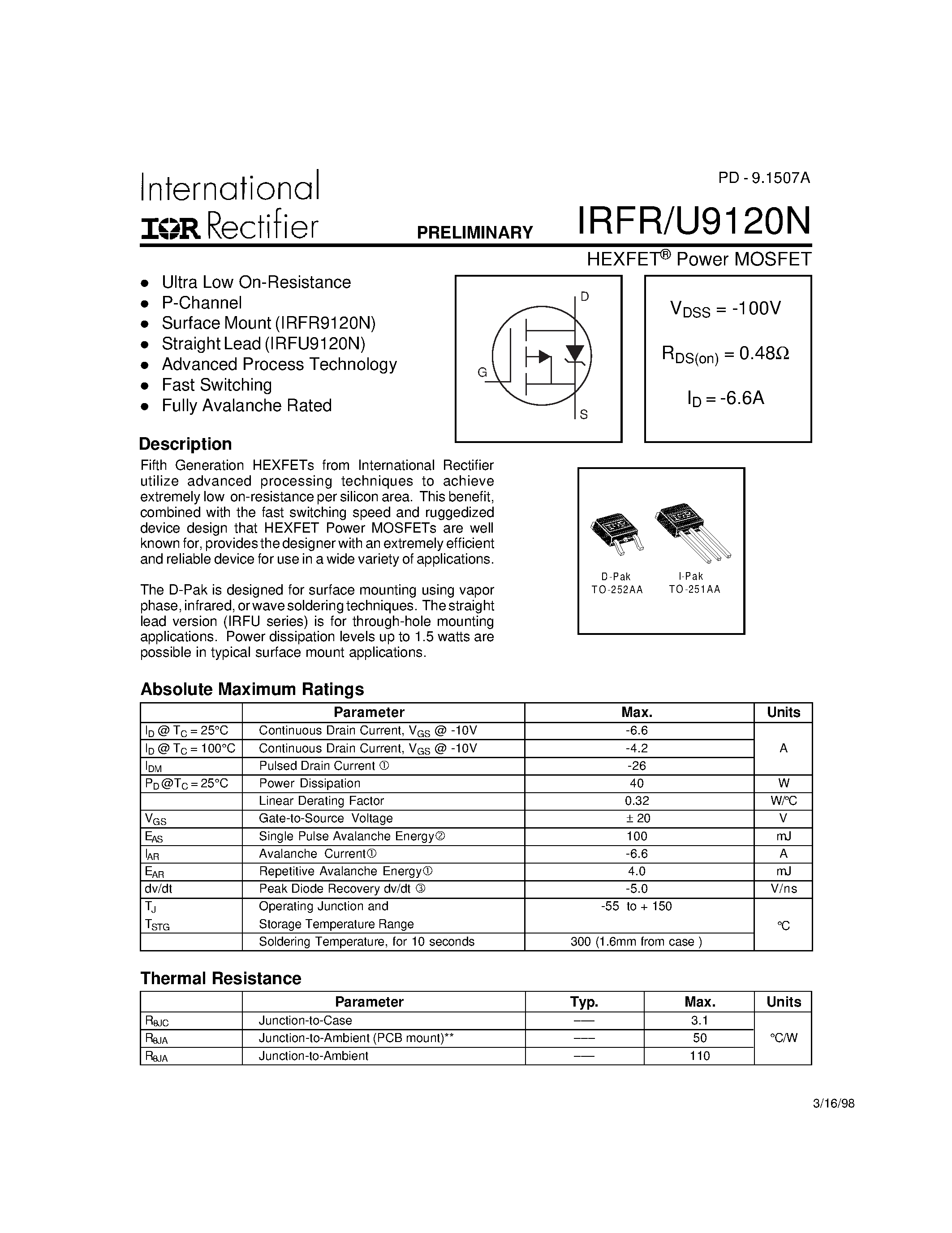 Даташит IRFR9120N - Power MOSFET страница 1