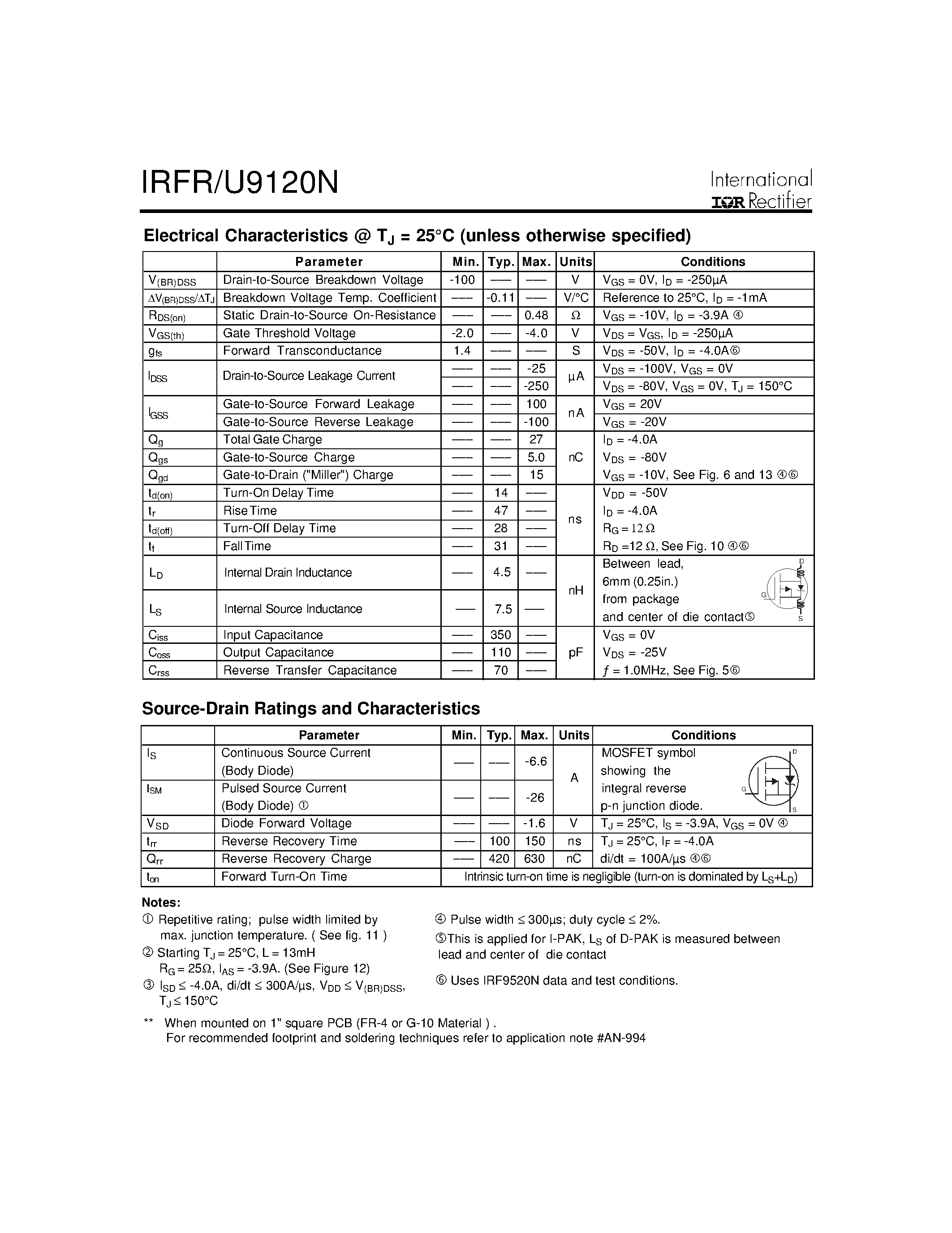 Даташит IRFR9120N - Power MOSFET страница 2