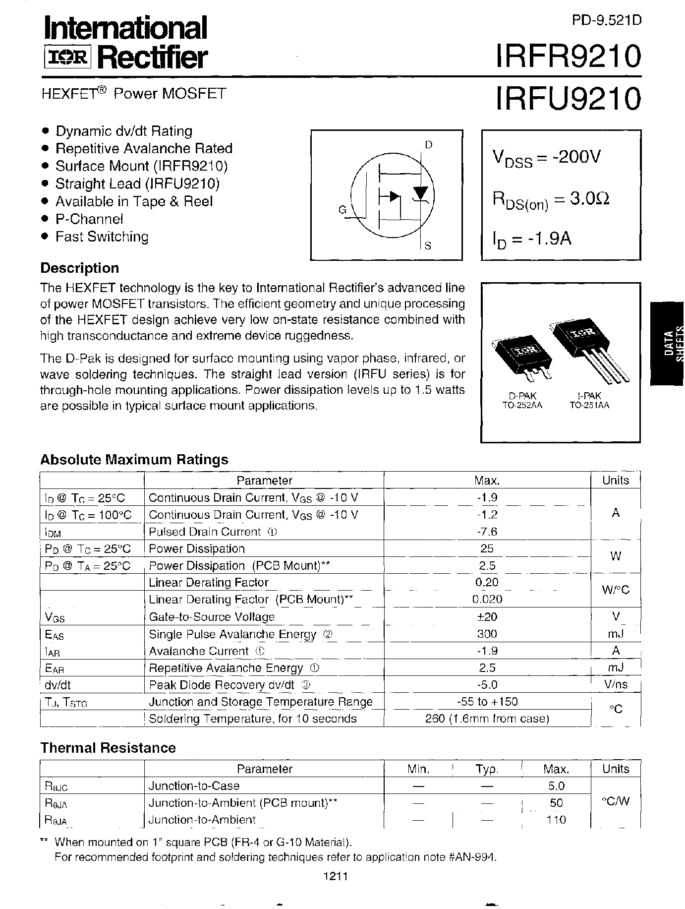 Даташит IRFR9210 - Power MOSFET страница 1