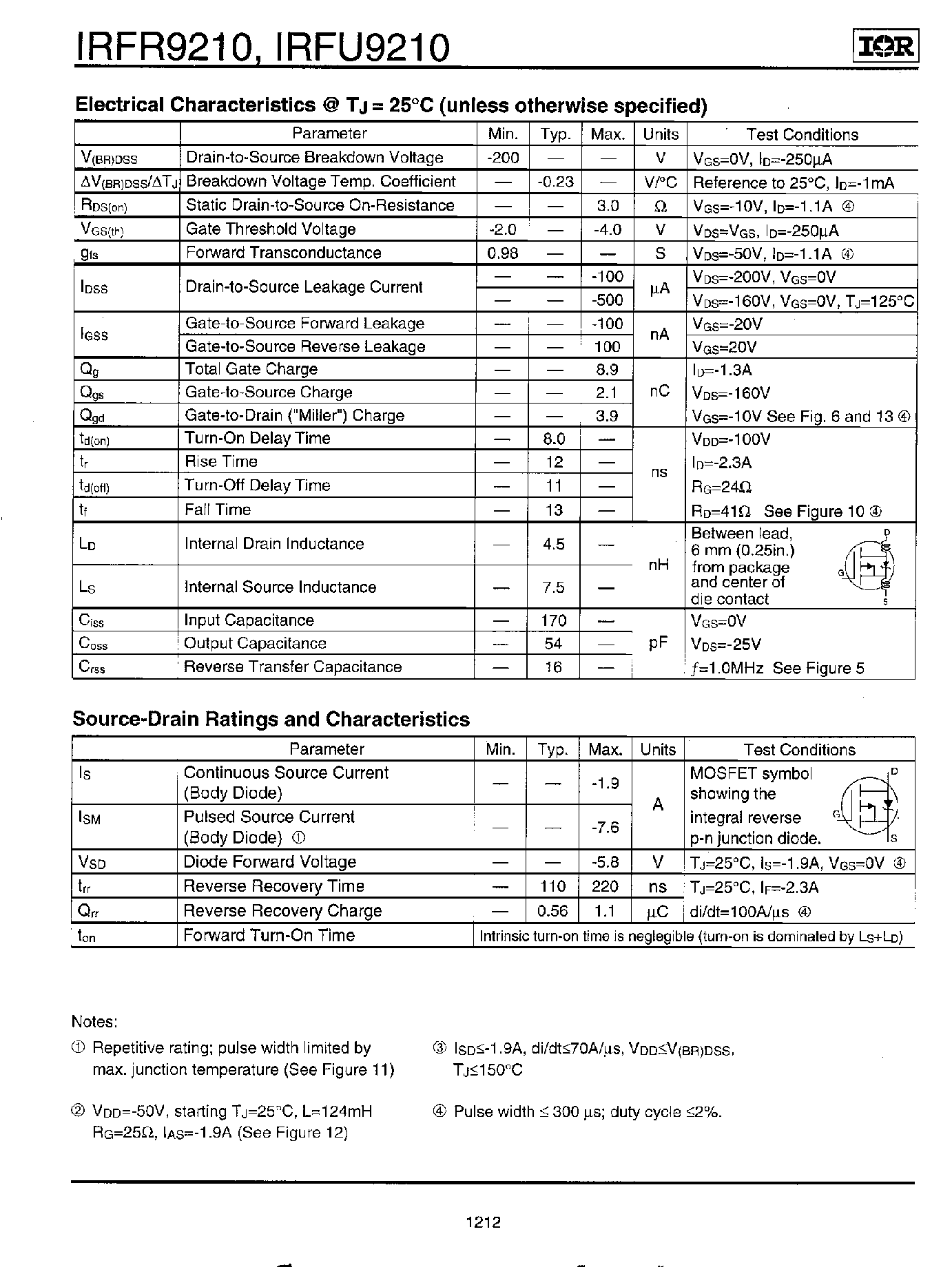 Даташит IRFR9210 - Power MOSFET страница 2