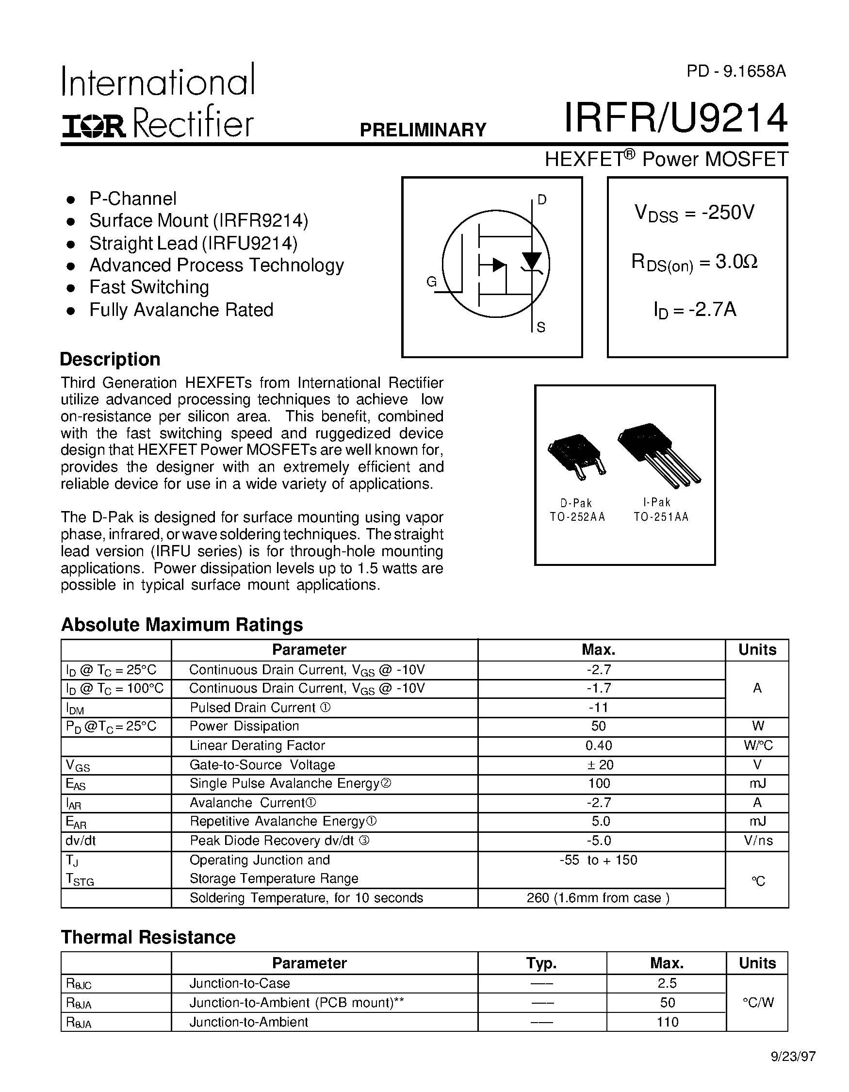 Даташит IRFR9214 - Power MOSFET страница 1