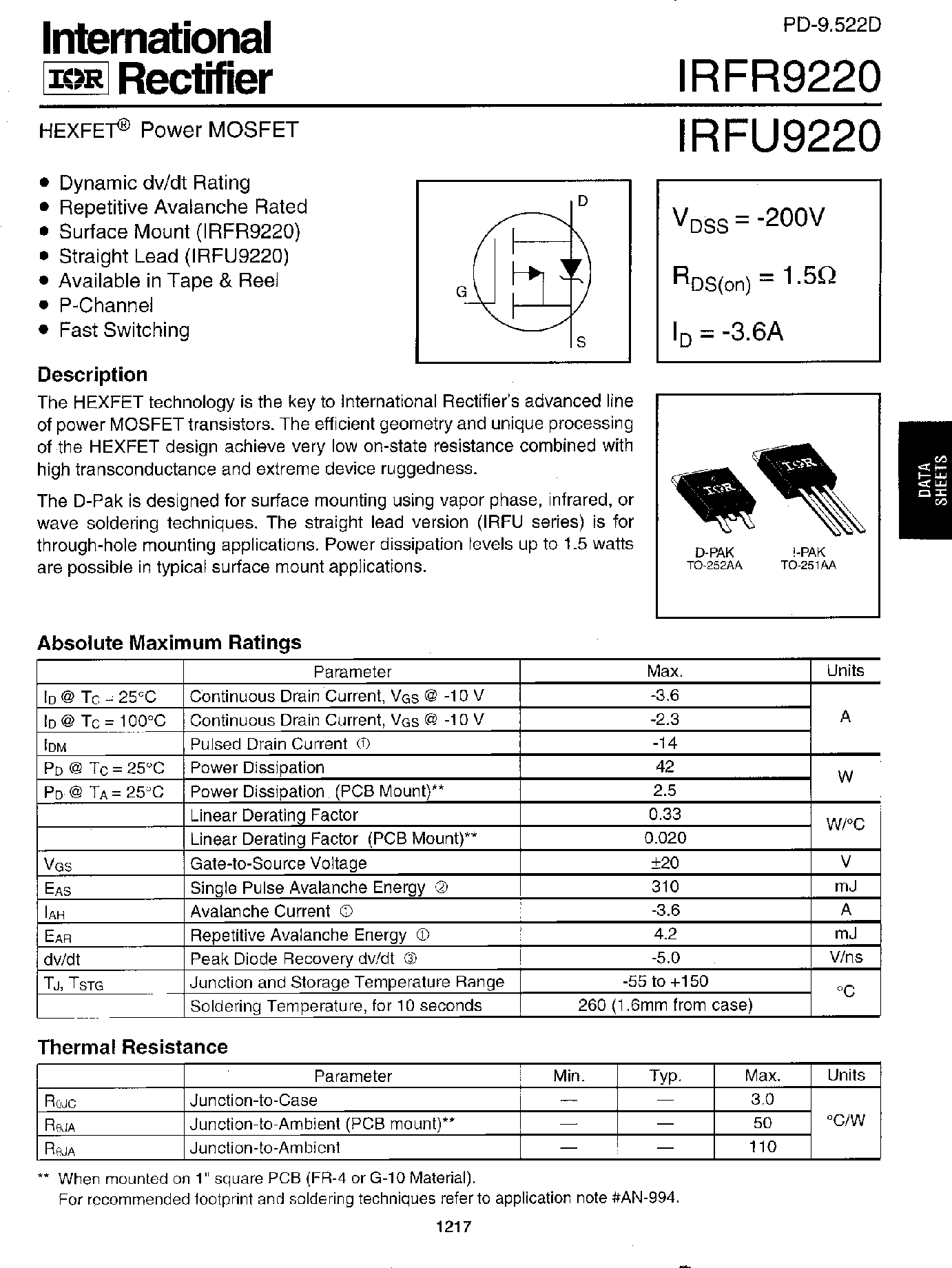 Даташит IRFR9220 - Power MOSFET страница 1