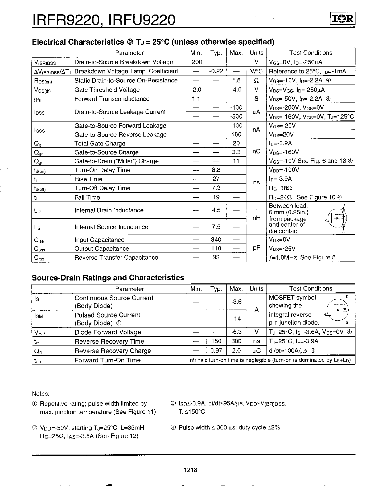 Даташит IRFR9220 - Power MOSFET страница 2
