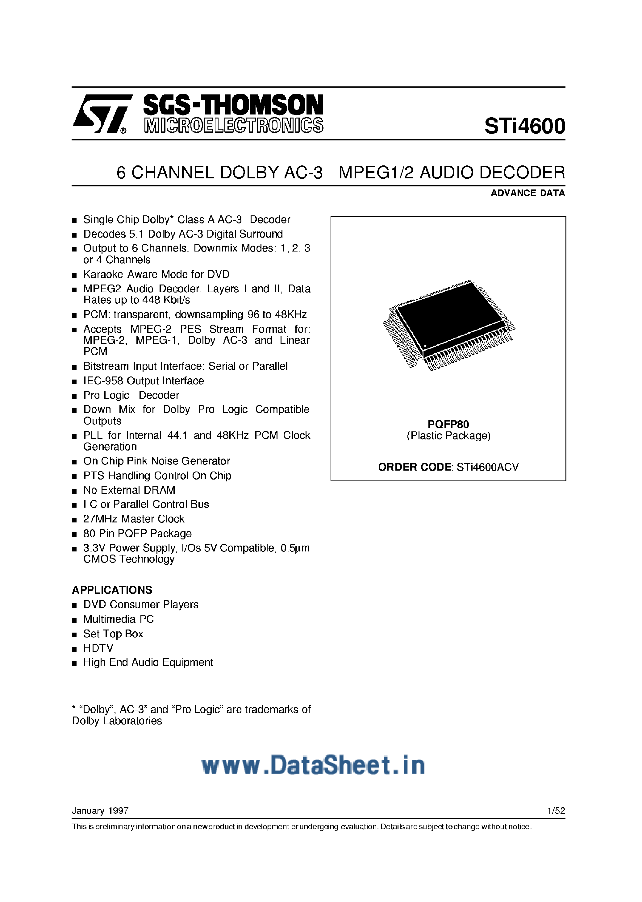 Даташит STI4600 - 6-Channel Dolby AC-3 MPEG1/2 Audio Decoder страница 1