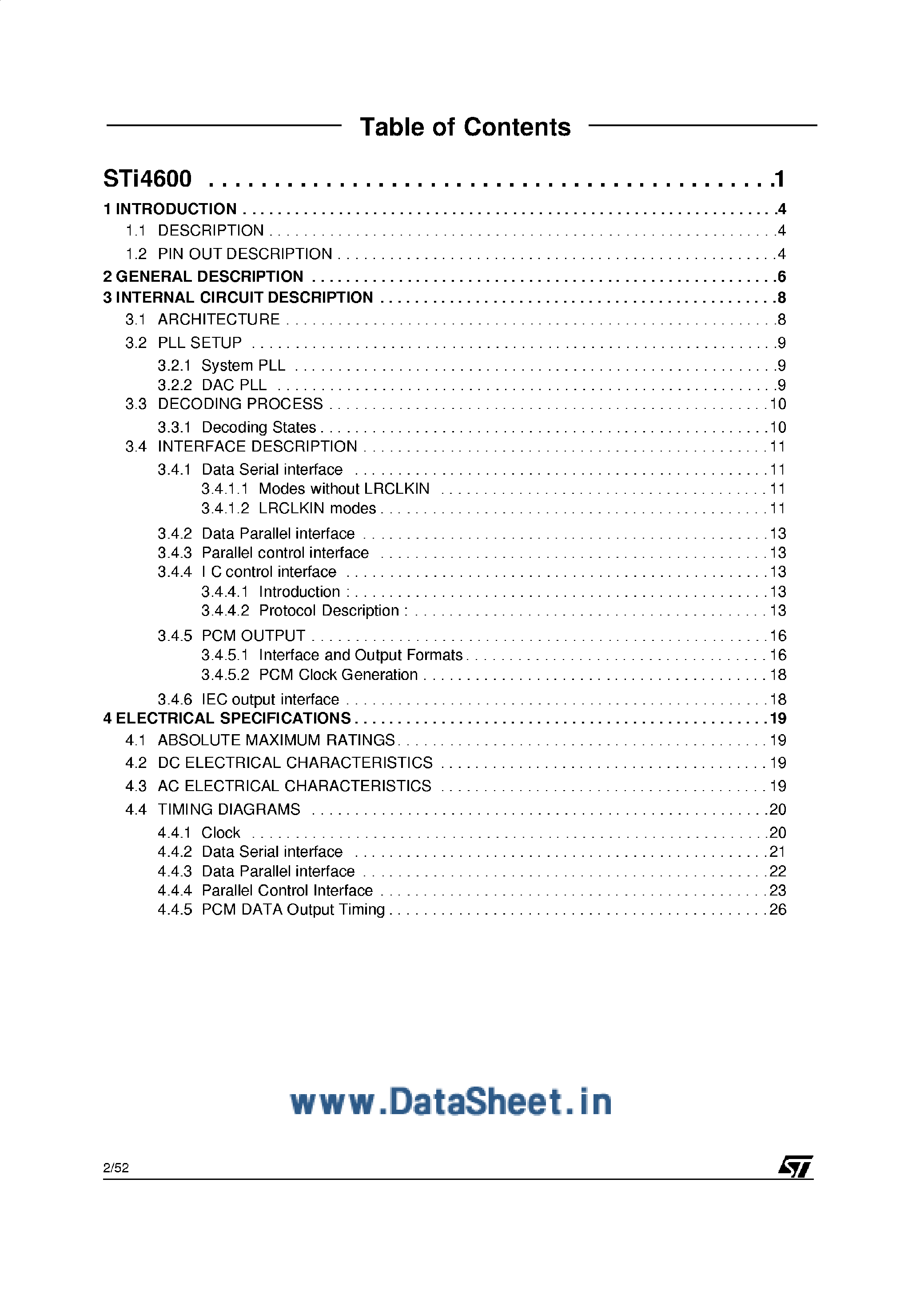 Даташит STI4600 - 6-Channel Dolby AC-3 MPEG1/2 Audio Decoder страница 2