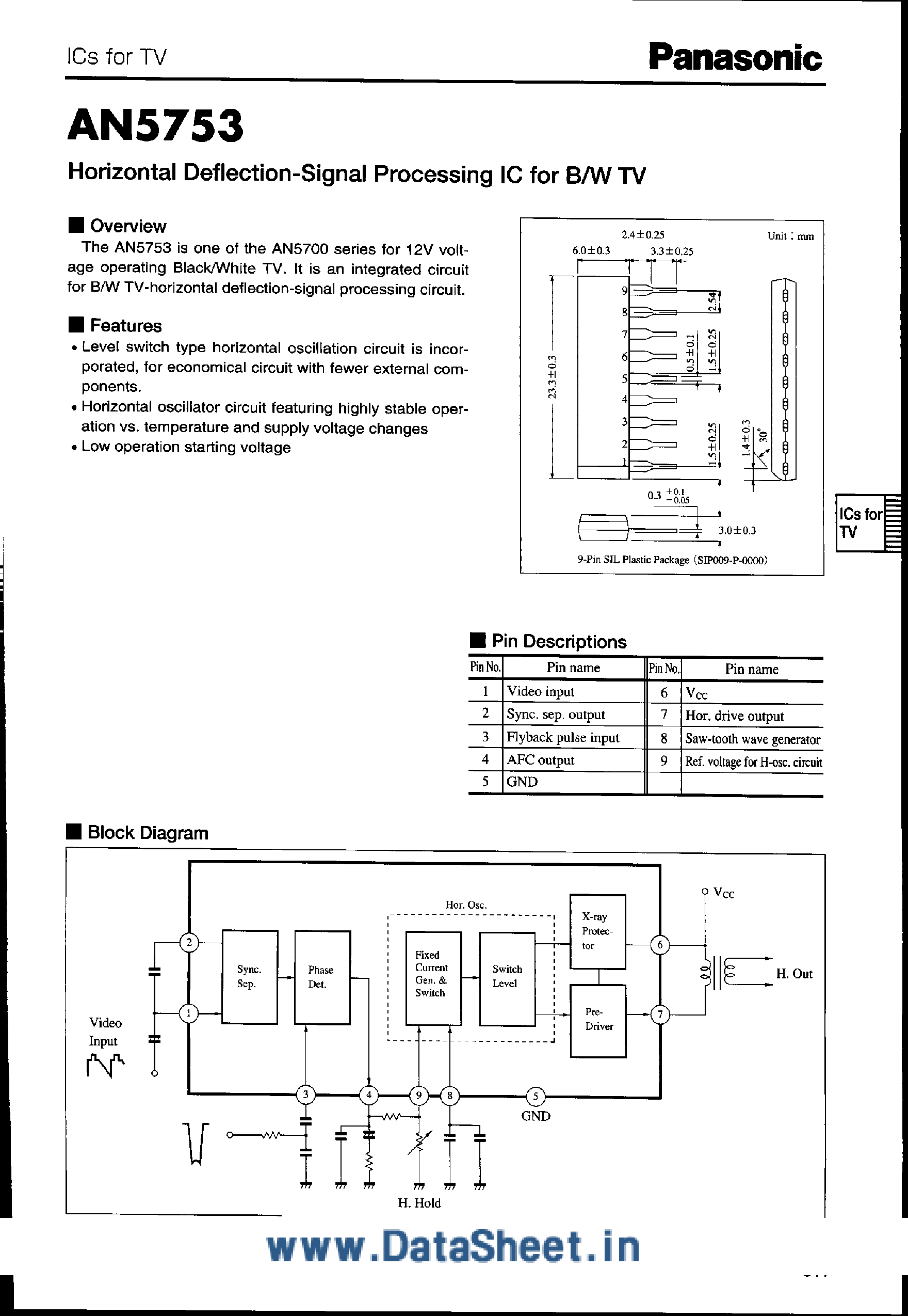 Datasheet AN5753 - Horizontal Deflection-Signal Processing IC for B/W TV page 1