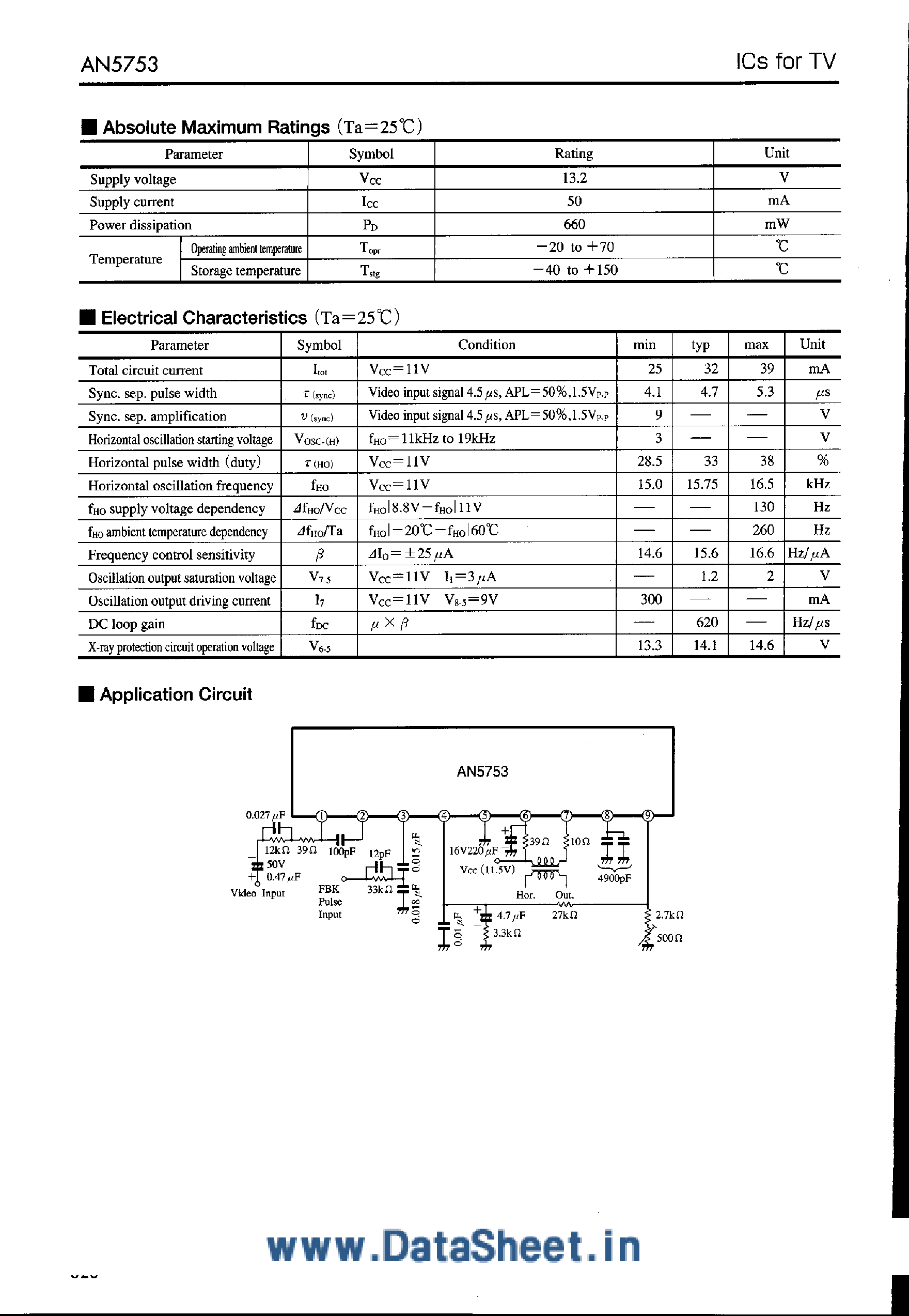 Datasheet AN5753 - Horizontal Deflection-Signal Processing IC for B/W TV page 2