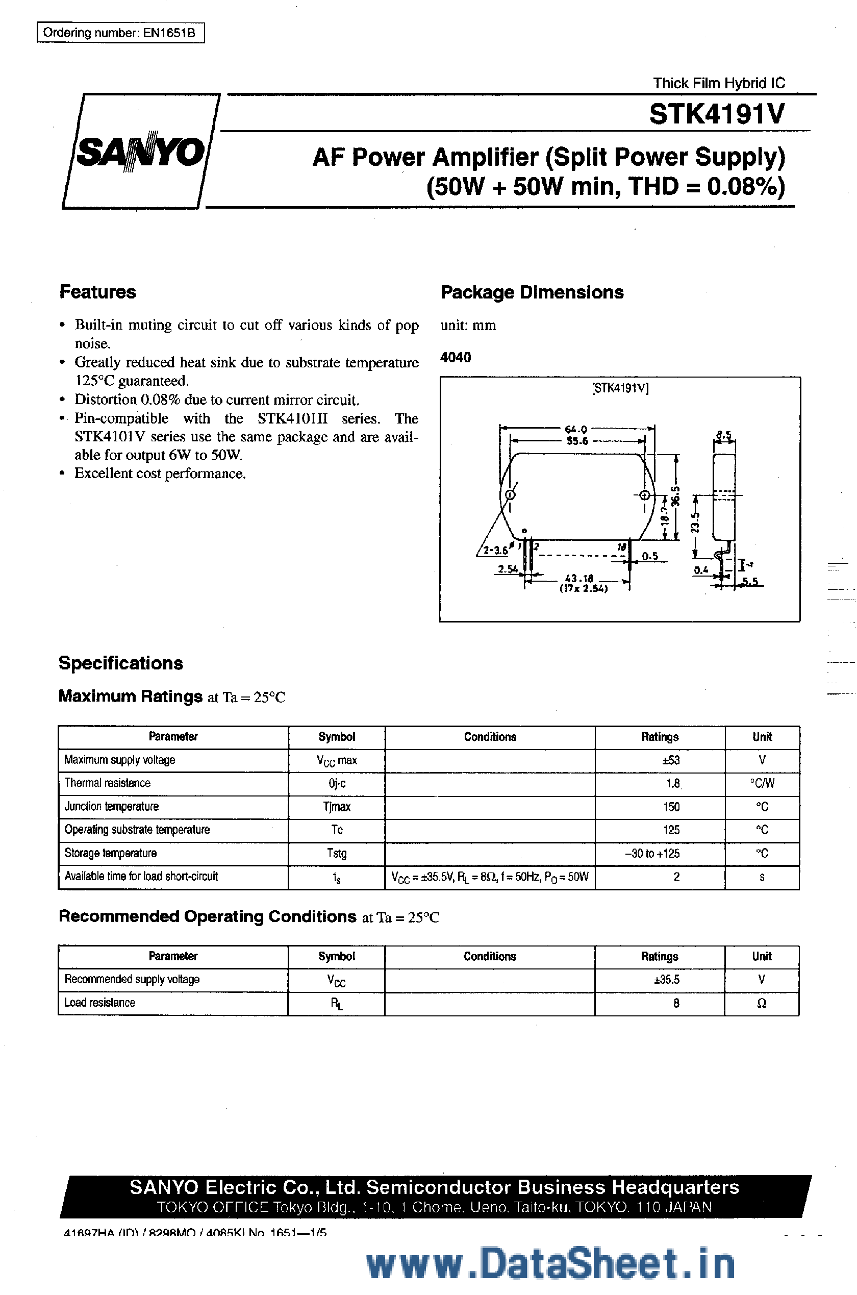 Datasheet STK4191V - AF Power Amplifier page 1