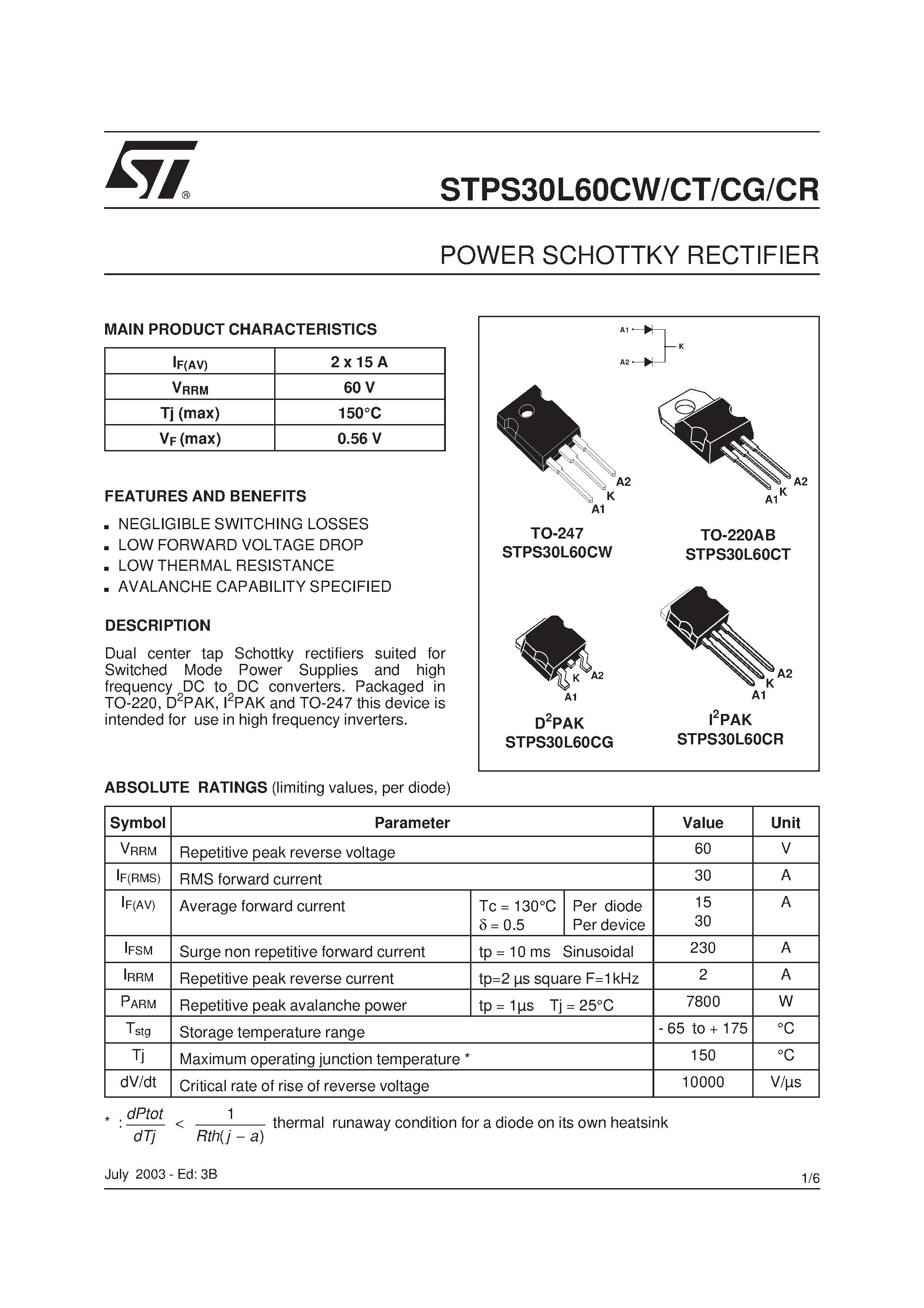 Datasheet STPS30L60CG - (STPS30L60CW/CT/CG/CR) POWER SCHOTTKY RECTIFIER page 1