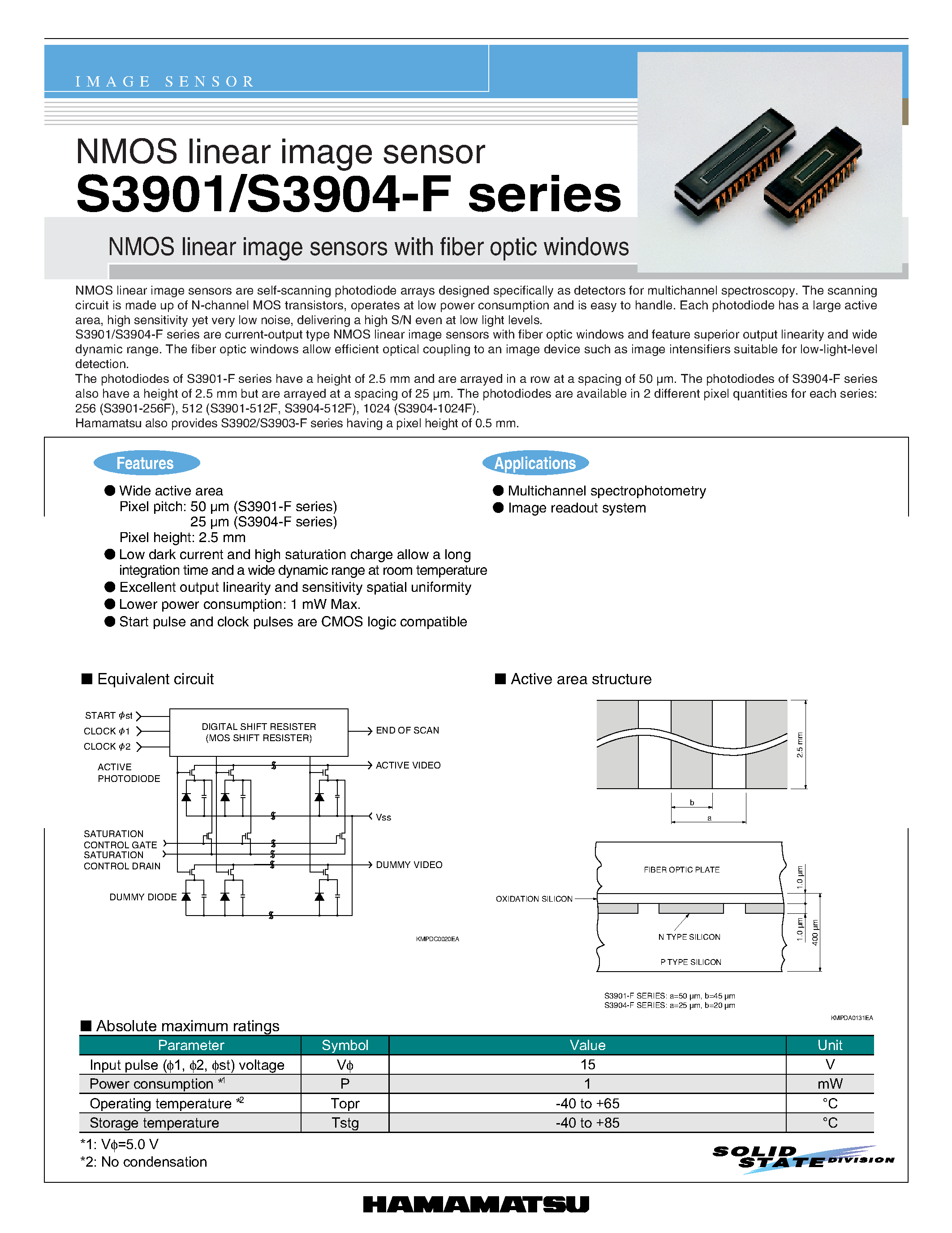 Даташит S3901-256F - (S3901-F/S3904-F Series) NMOS Linear Image Sensor страница 1