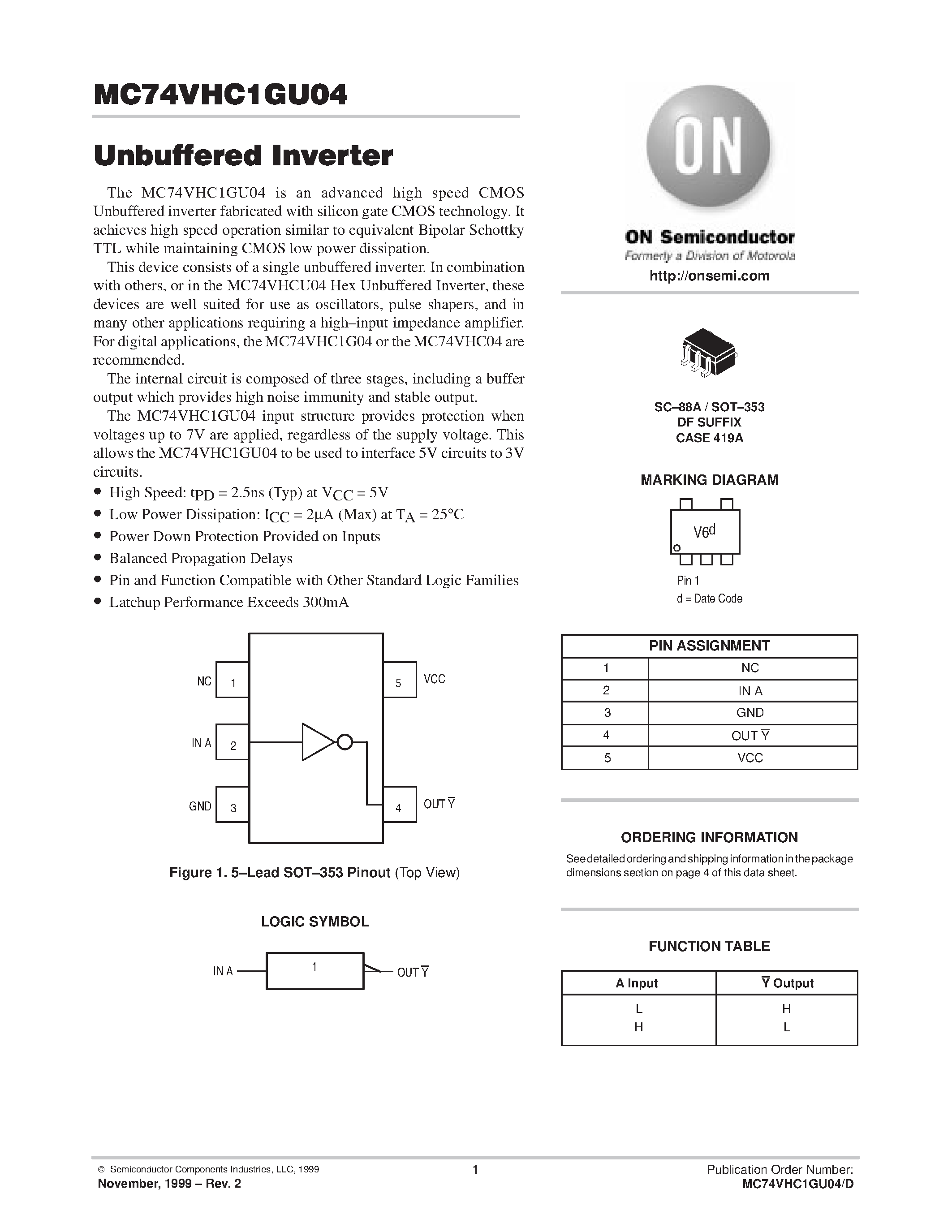 Даташит MC74VHC1GU04 - Unbuffered Inverter страница 1