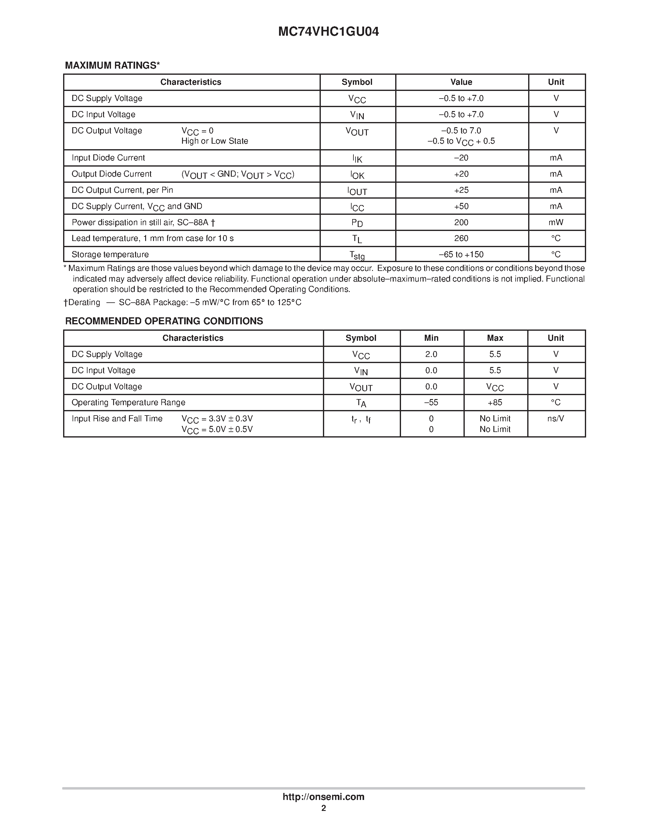 Даташит MC74VHC1GU04 - Unbuffered Inverter страница 2