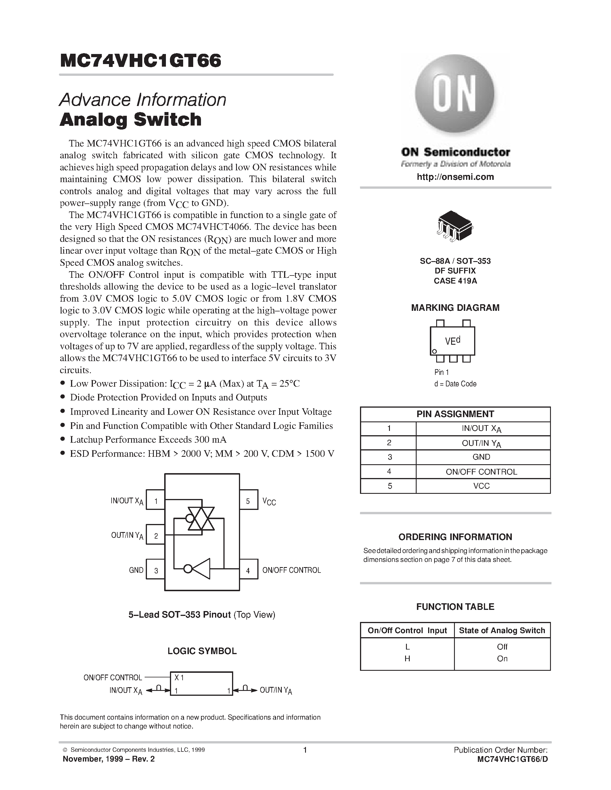 Даташит MC74VHC1GT66 - Analog Switch страница 1