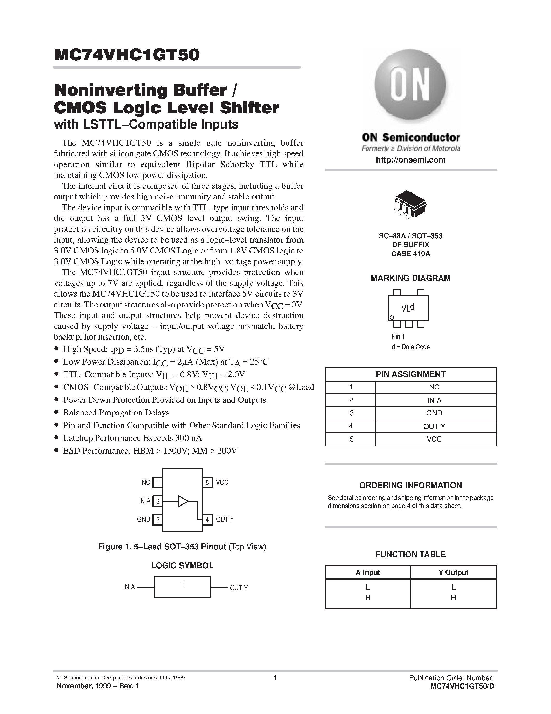 Даташит MC74VHC1GT50 - Noninverting Buffer / CMOS Logic Level Shifter страница 1