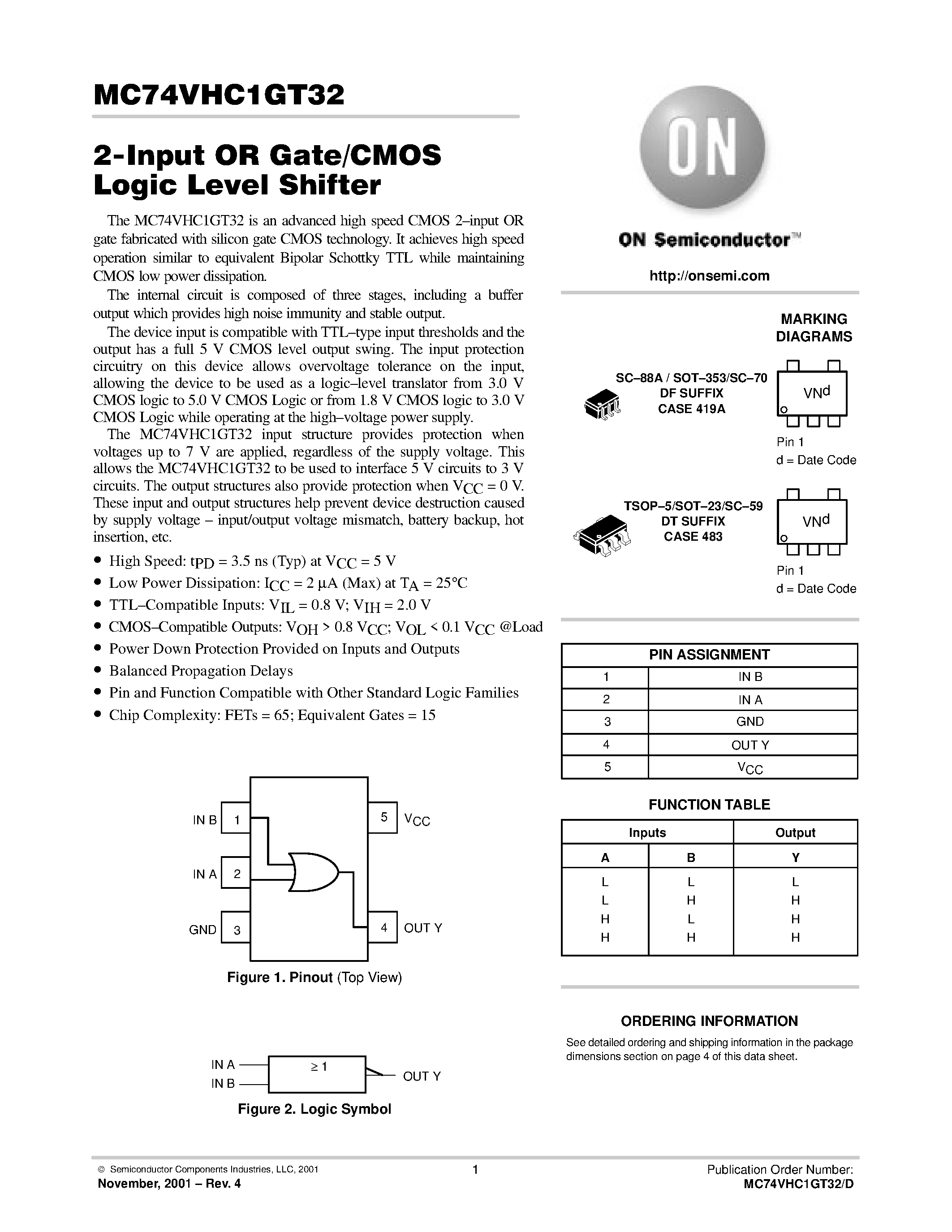 Даташит MC74VHC1GT32 - 2-Input OR Gate/CMOS Logic Level Shifter страница 1