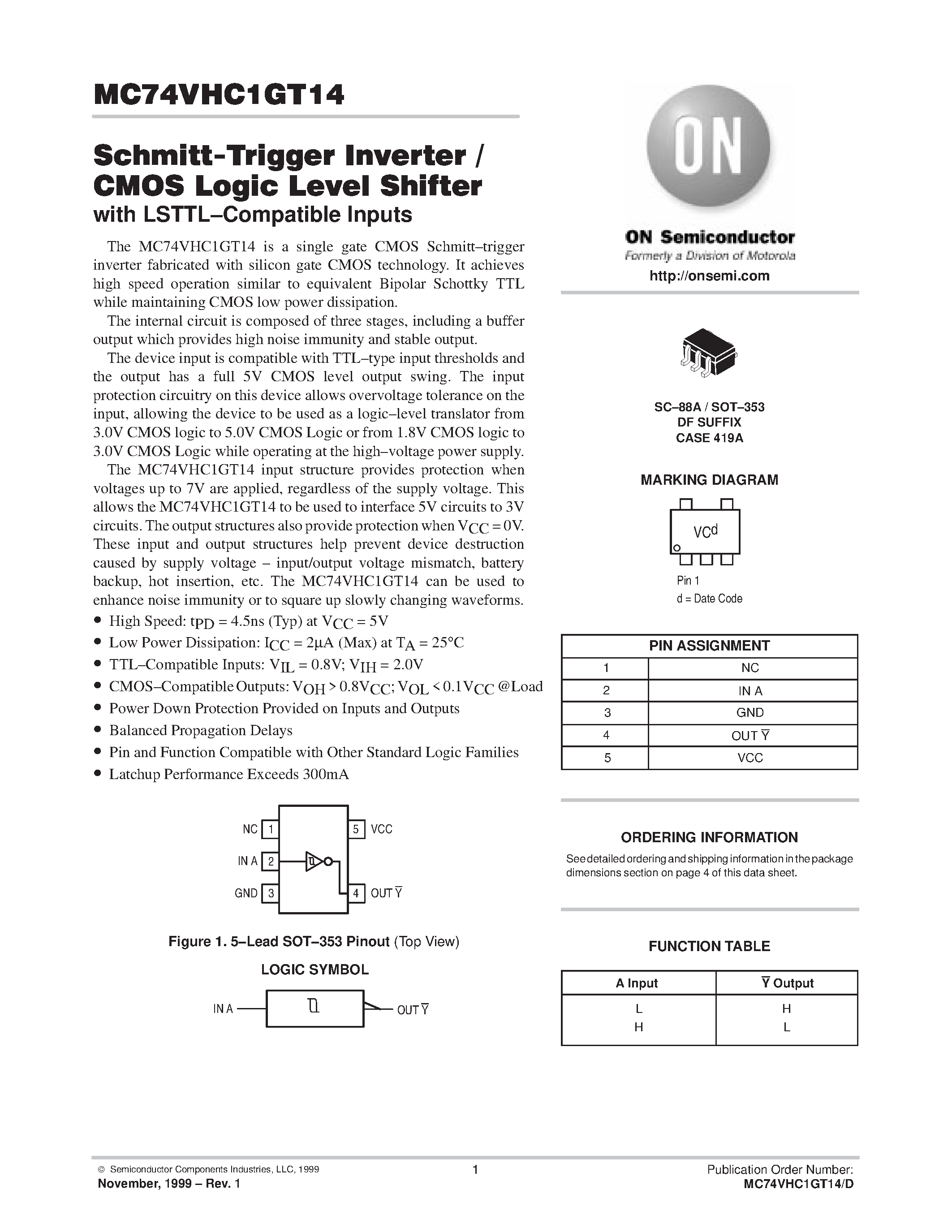 Даташит MC74VHC1GT14 - Schmitt-Trigger Inverter/CMOS Logic Level Shifter страница 1