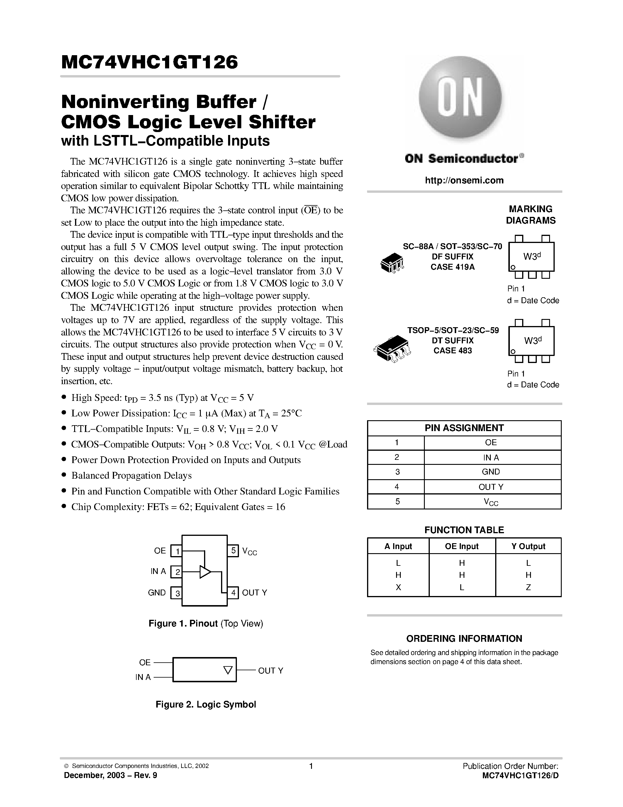 Даташит MC74VHC1GT126 - Noninverting Buffer / CMOS Logic Level Shifter страница 1